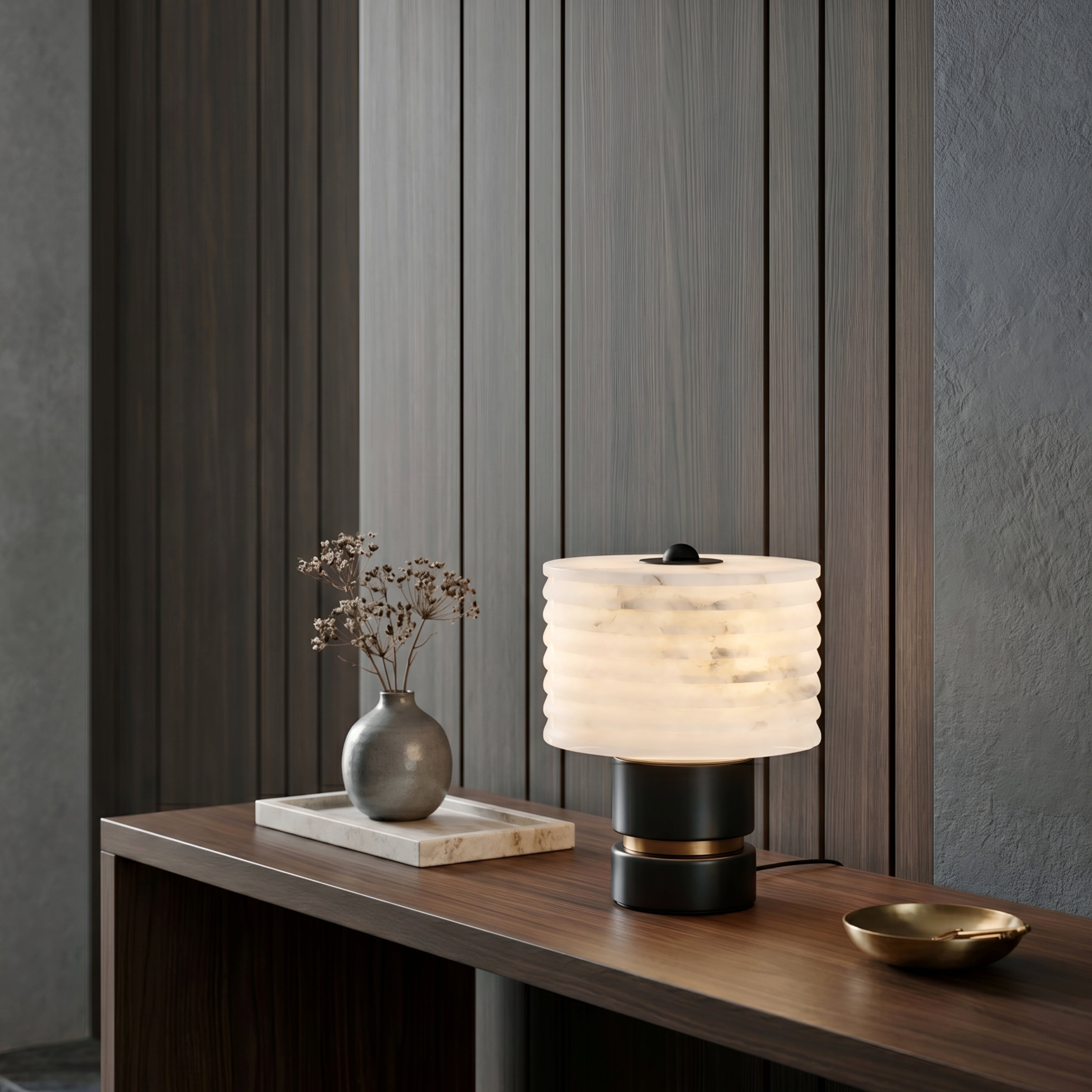 Marvex Ridge Table Lamp – Marble Stone Ceramic Ribbed LED Decorative Lighting Bedroom Living Room Nightstand