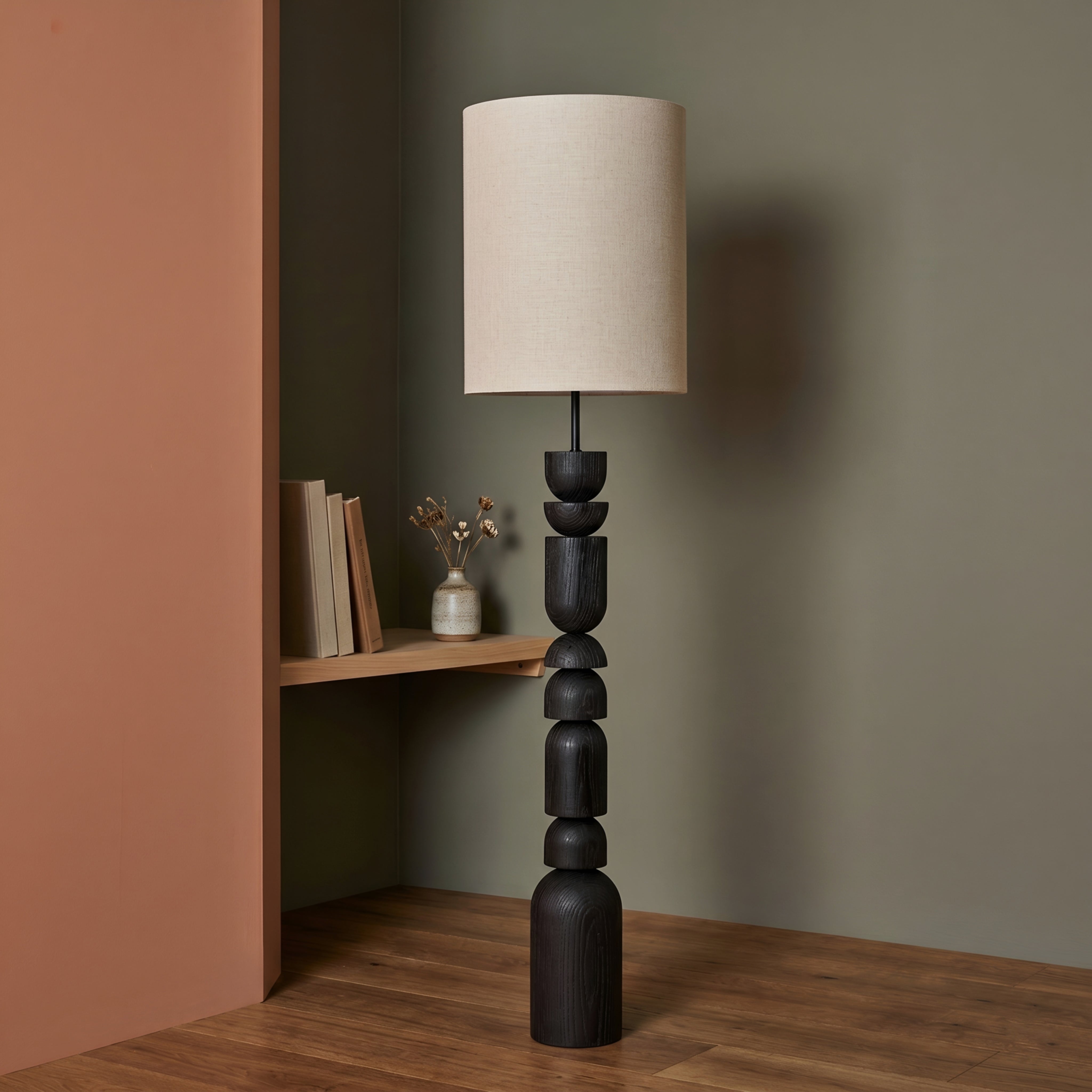 Kolven Sculptural Floor Lamp – Modern Black Wood Living Room Bedroom Decorative Lighting Tall