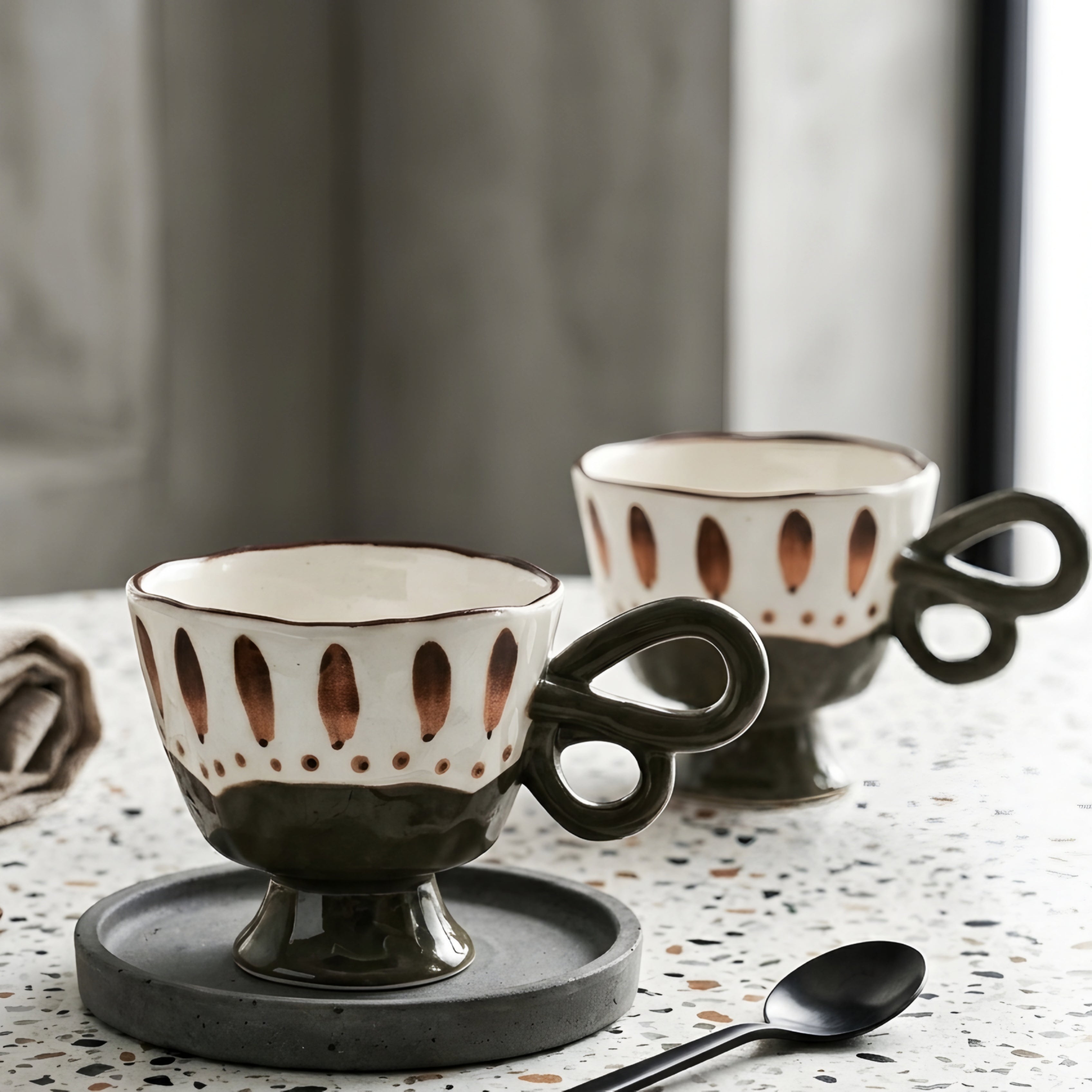 Valenca Teacup Set – Ceramic Coffee Mugs Decorative Butterfly Handle Footed Kitchen Drinkware