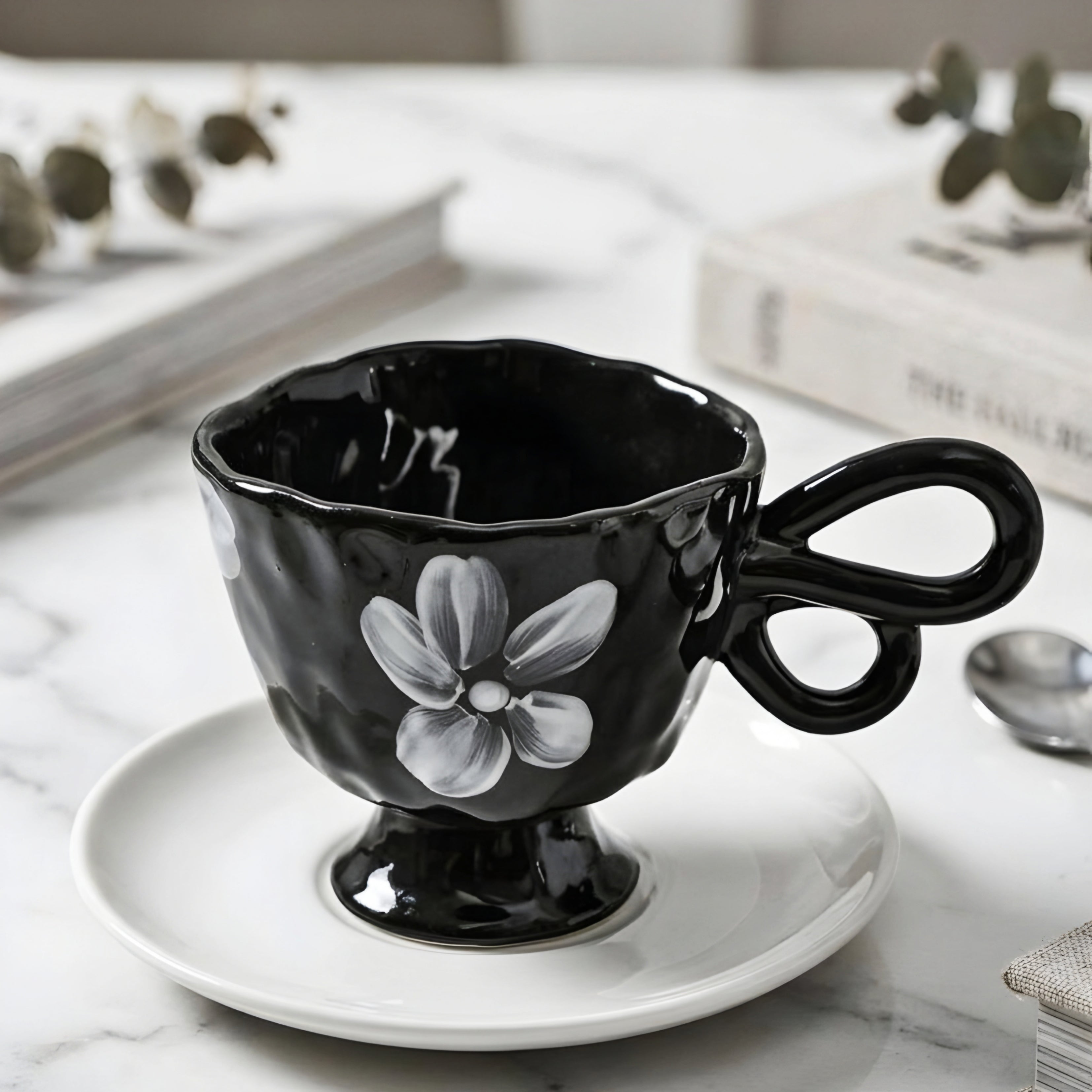 Valenca Teacup Set – Ceramic Coffee Mugs Decorative Butterfly Handle Footed Kitchen Drinkware