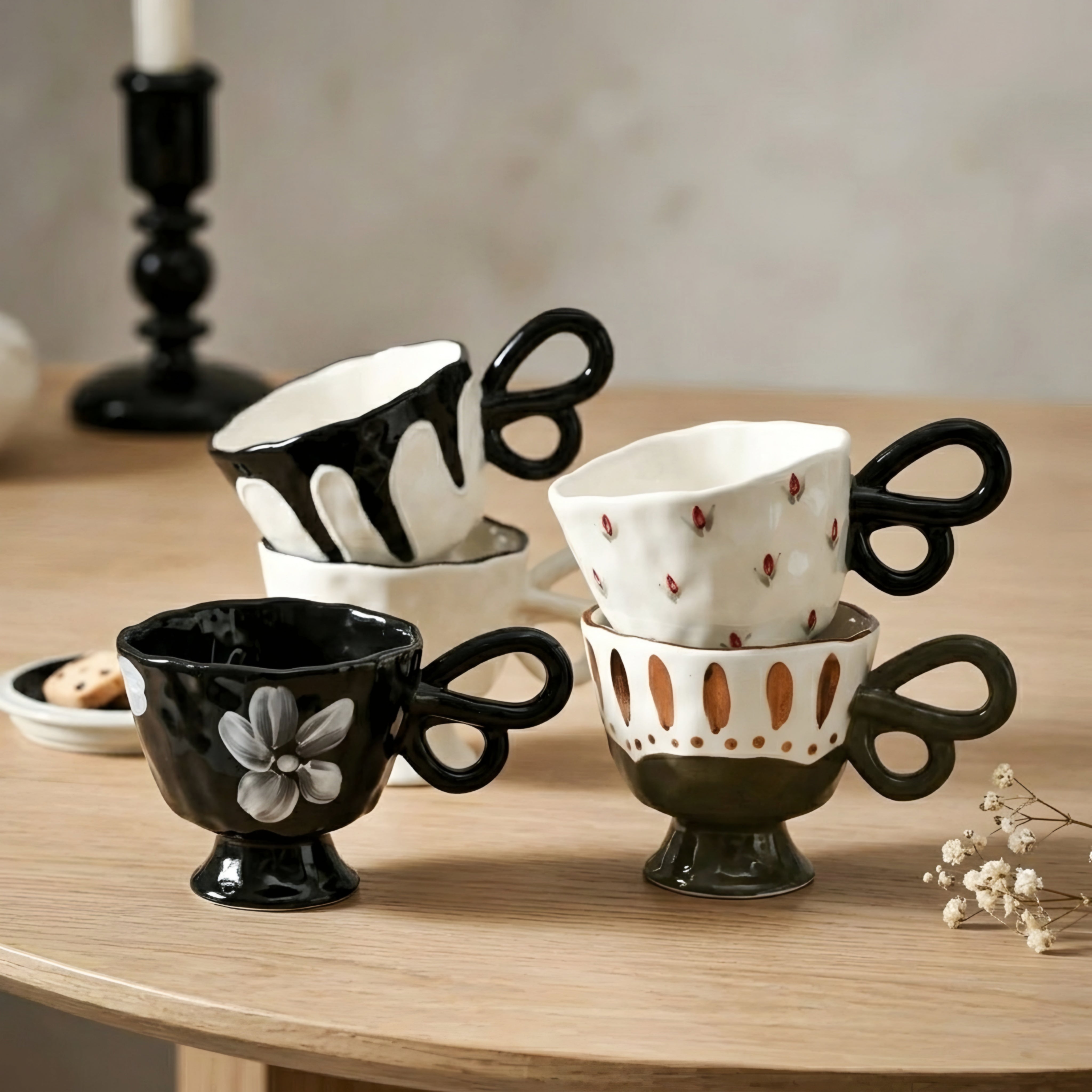 Valenca Teacup Set – Ceramic Coffee Mugs Decorative Butterfly Handle Footed Kitchen Drinkware