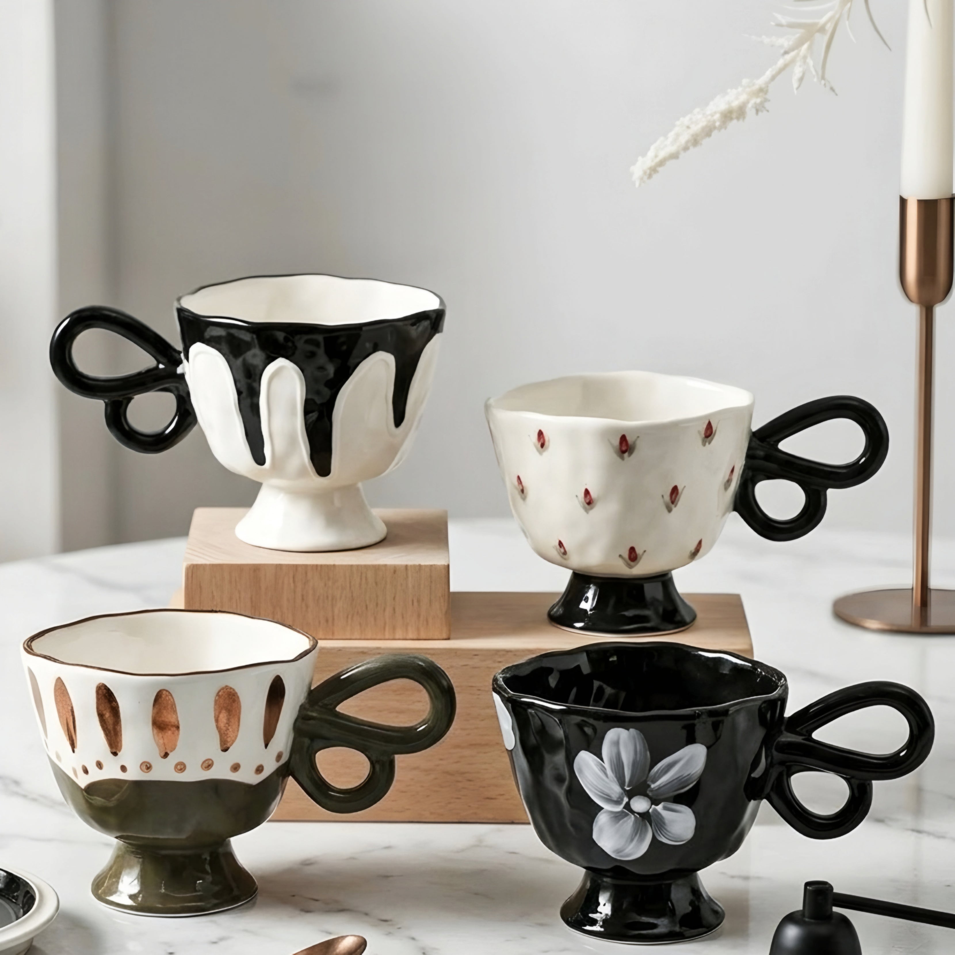 Valenca Teacup Set – Ceramic Coffee Mugs Decorative Butterfly Handle Footed Kitchen Drinkware