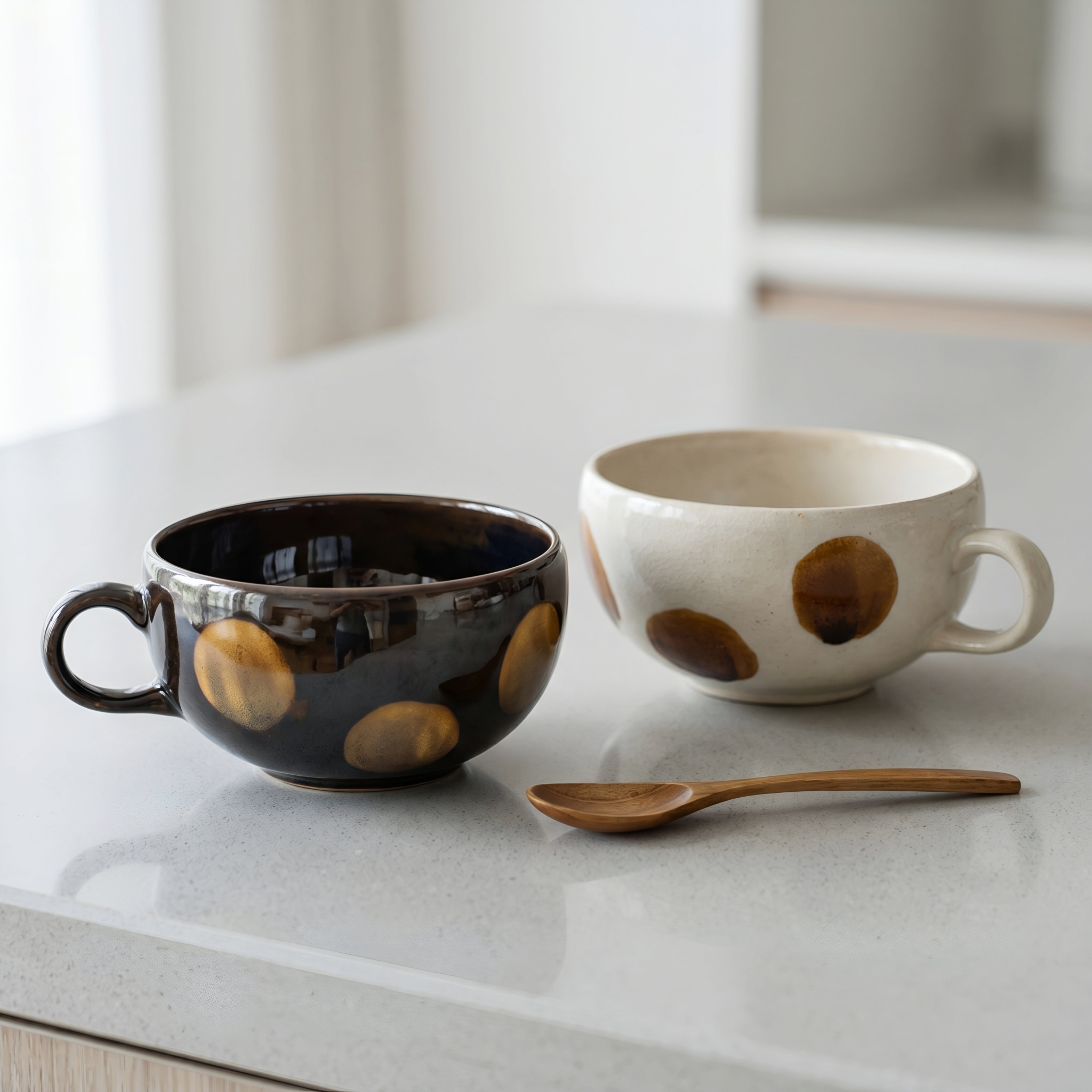 Vellori Ceramic Coffee Mug Set – Handcrafted Latte Cups Wooden Spoon Kitchen Home Decor Tableware
