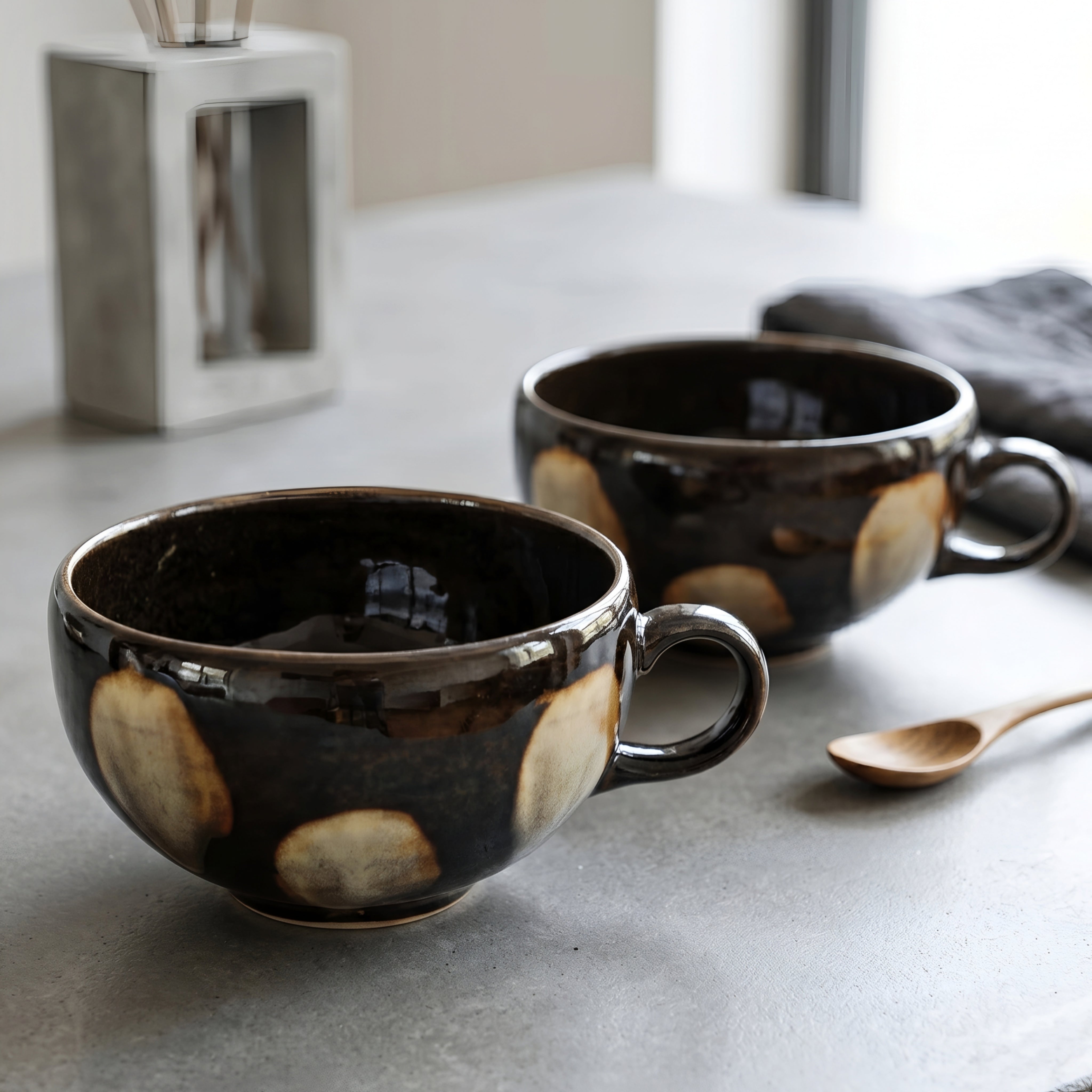 Vellori Ceramic Coffee Mug Set – Handcrafted Latte Cups Wooden Spoon Kitchen Home Decor Tableware