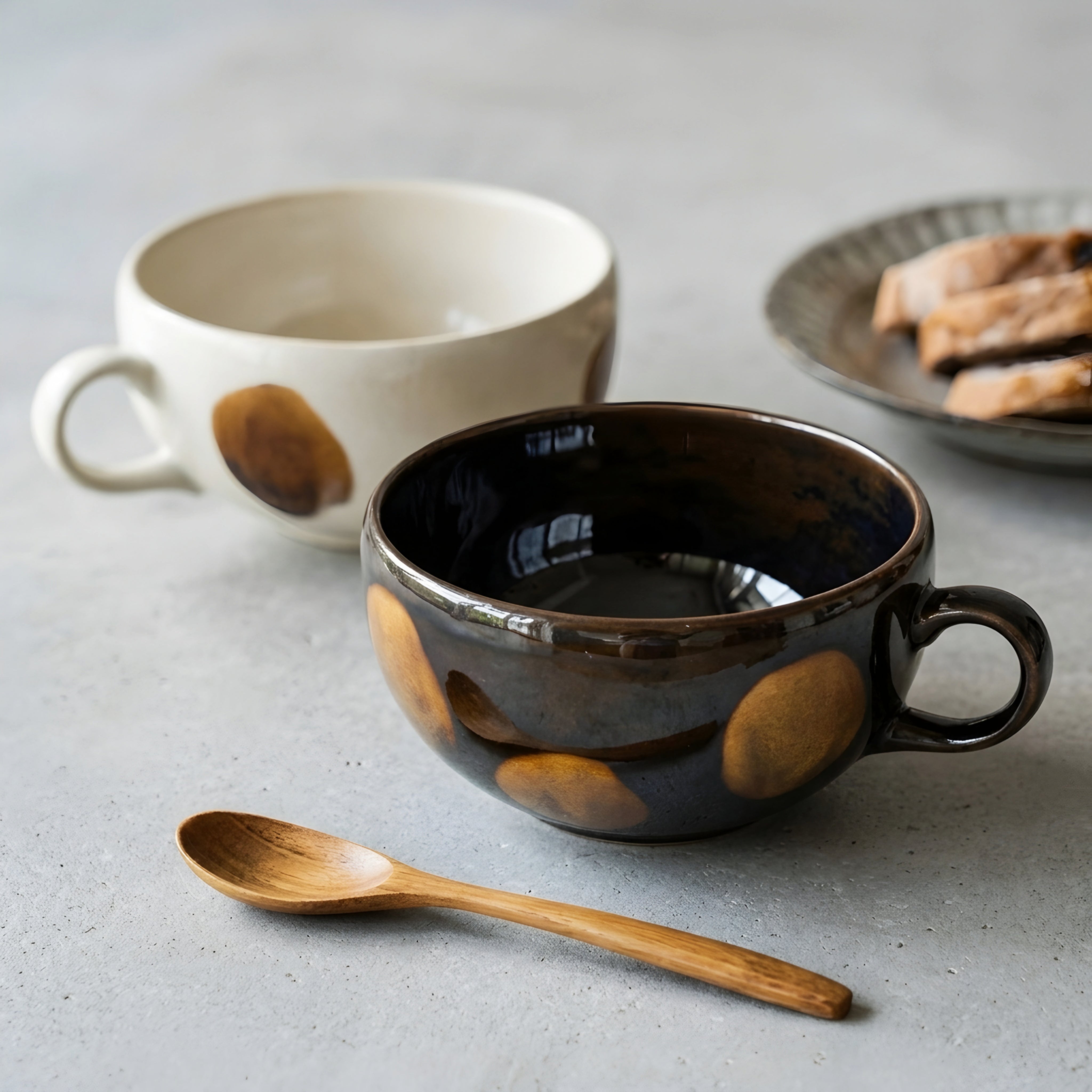 Vellori Ceramic Coffee Mug Set – Handcrafted Latte Cups Wooden Spoon Kitchen Home Decor Tableware