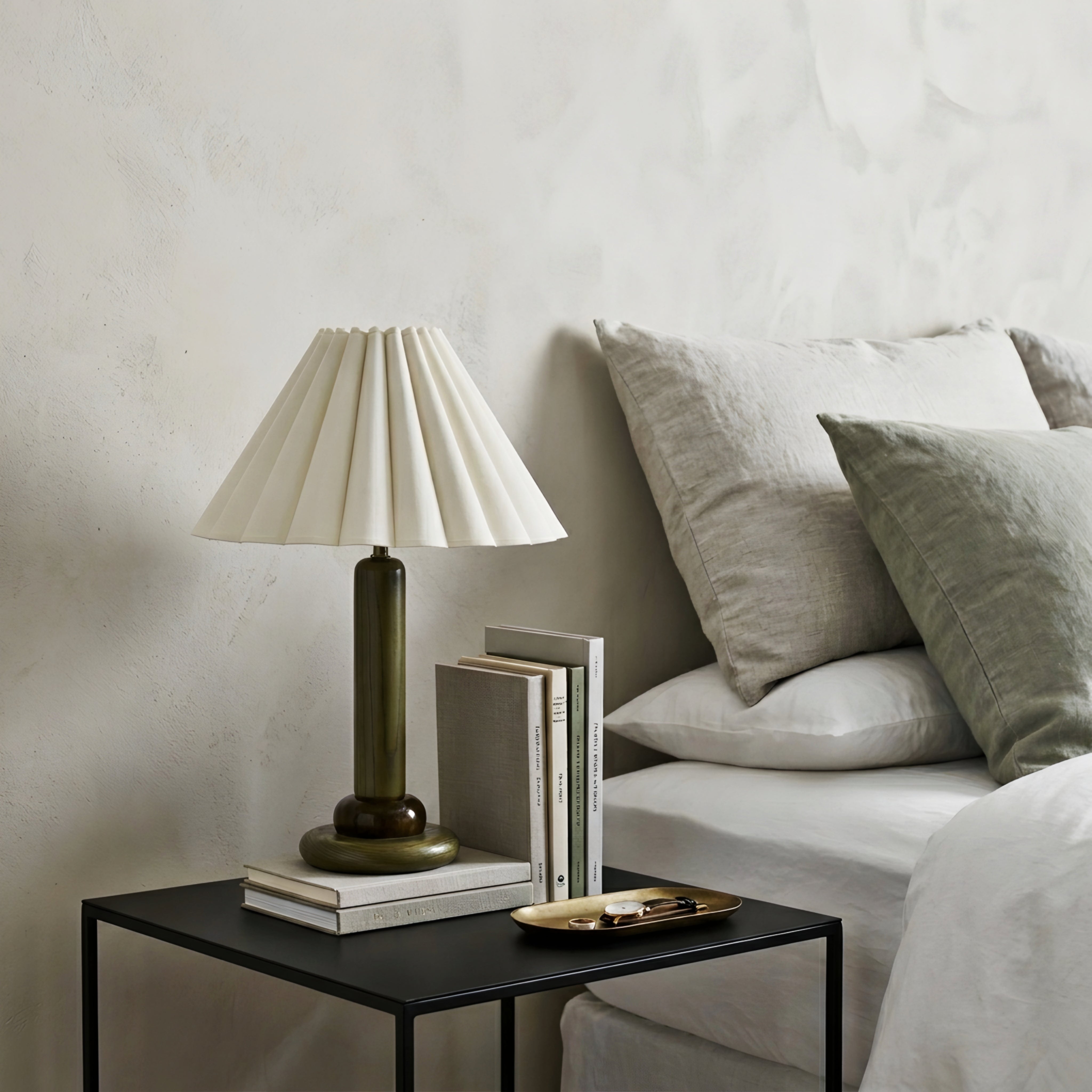 Avelis Pleated Table Lamp – Modern White Shade Walnut Base Decorative Lighting Living Room Bedroom