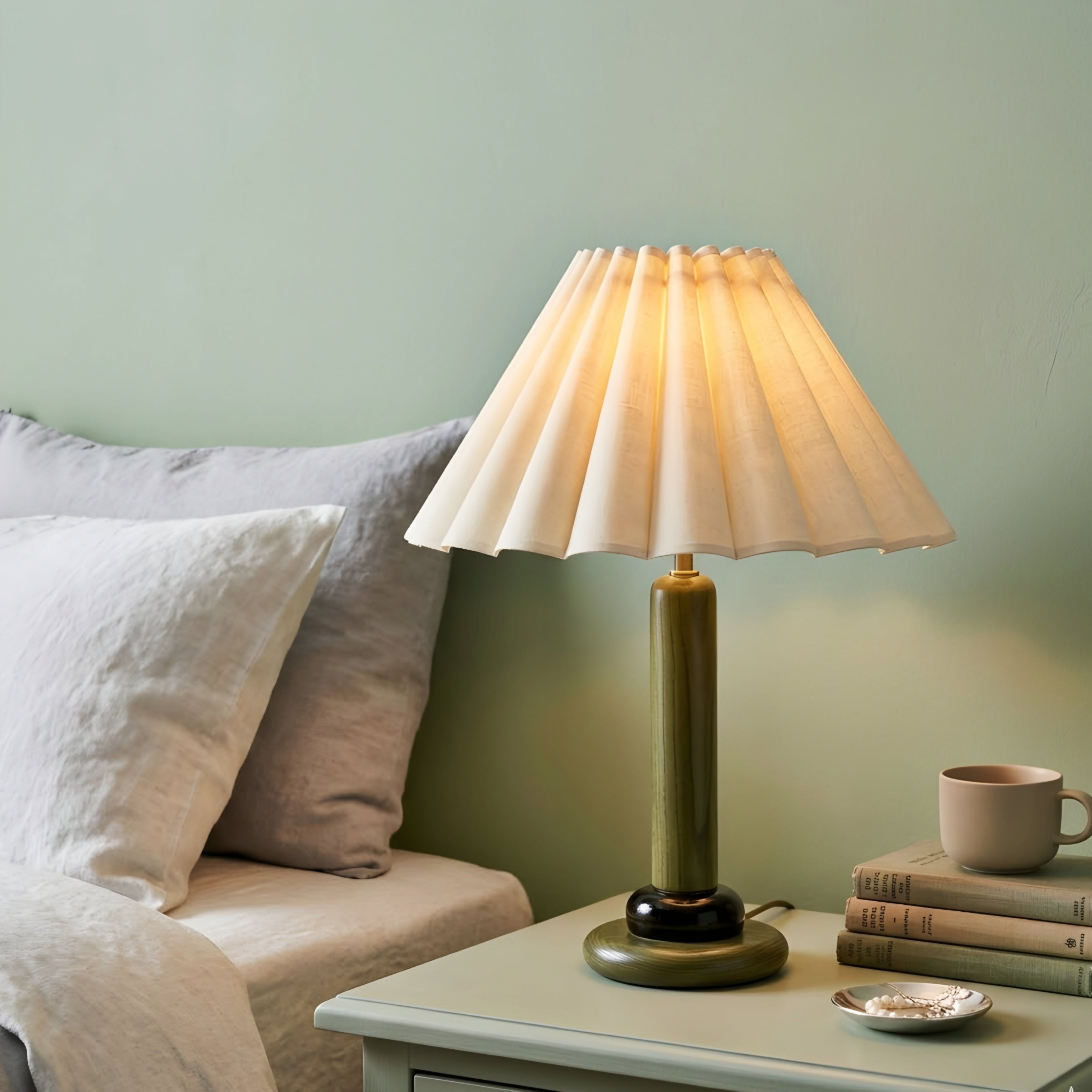 Avelis Pleated Table Lamp – Modern White Shade Walnut Base Decorative Lighting Living Room Bedroom