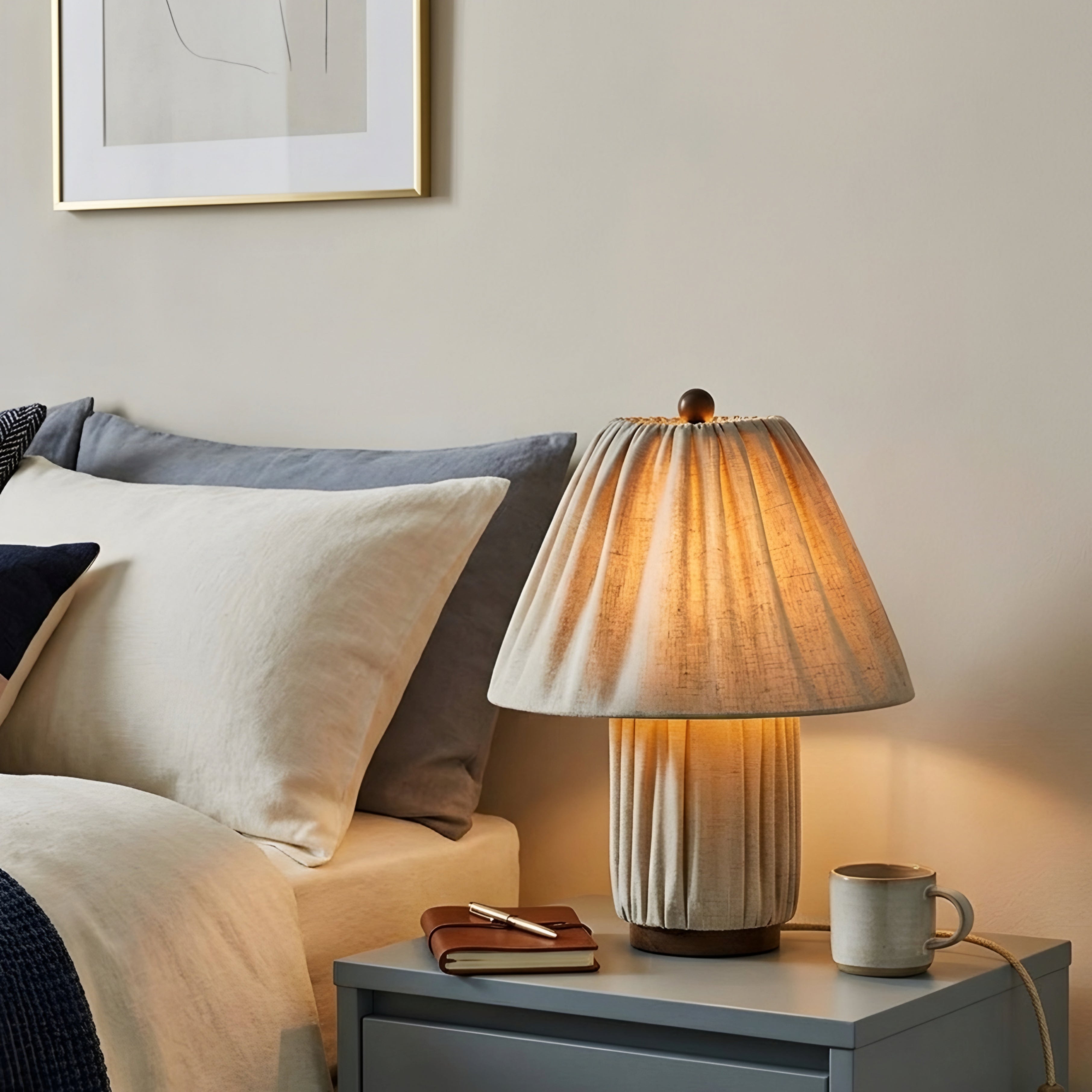 Plissé Fabric Table Lamp – Pleated Cream Linen Bedside Lamp Living Room Bedroom Decorative Lighting