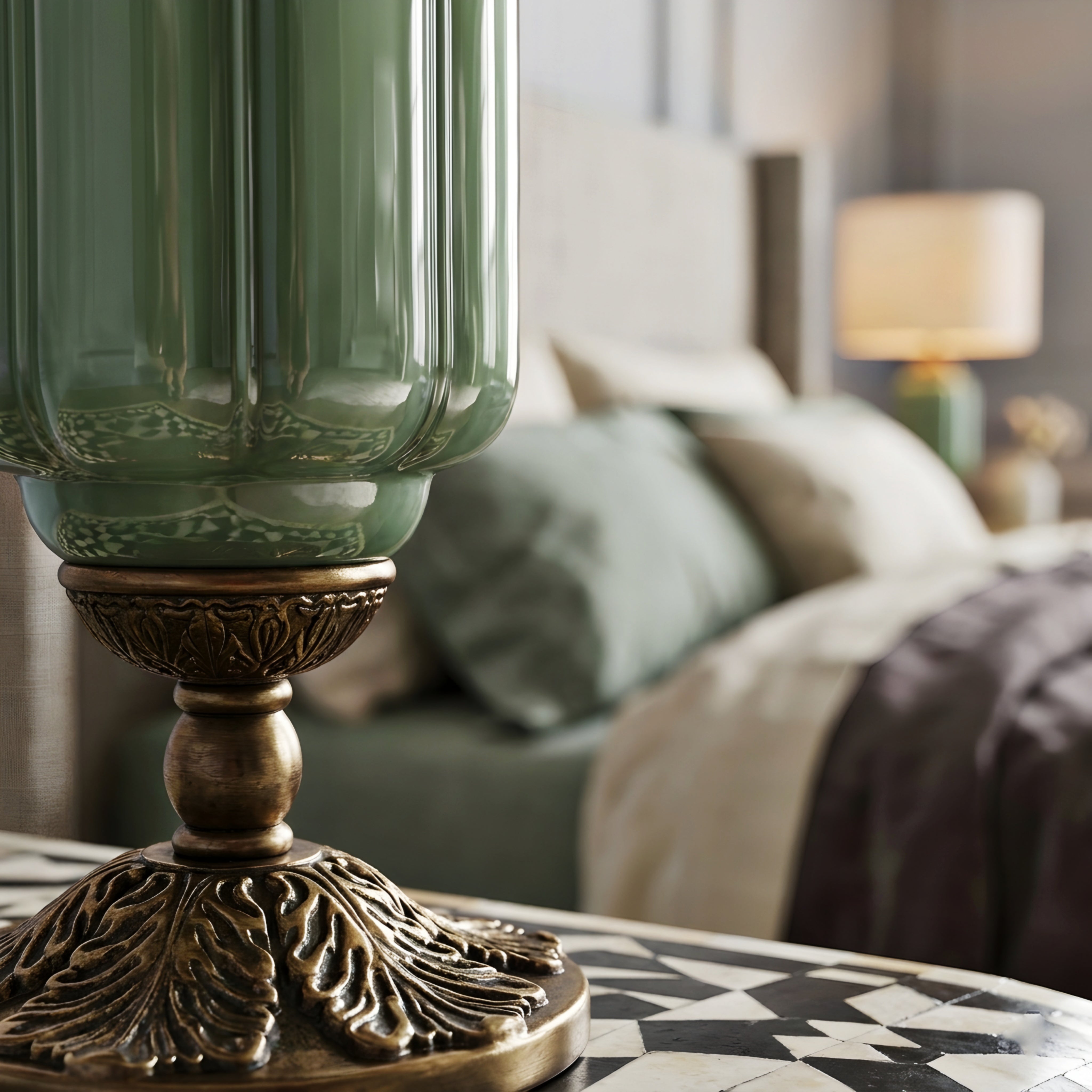 Celadon Urn Table Lamp – Jade Green Ceramic Bronze Base Decorative Lighting Living Room Bedroom
