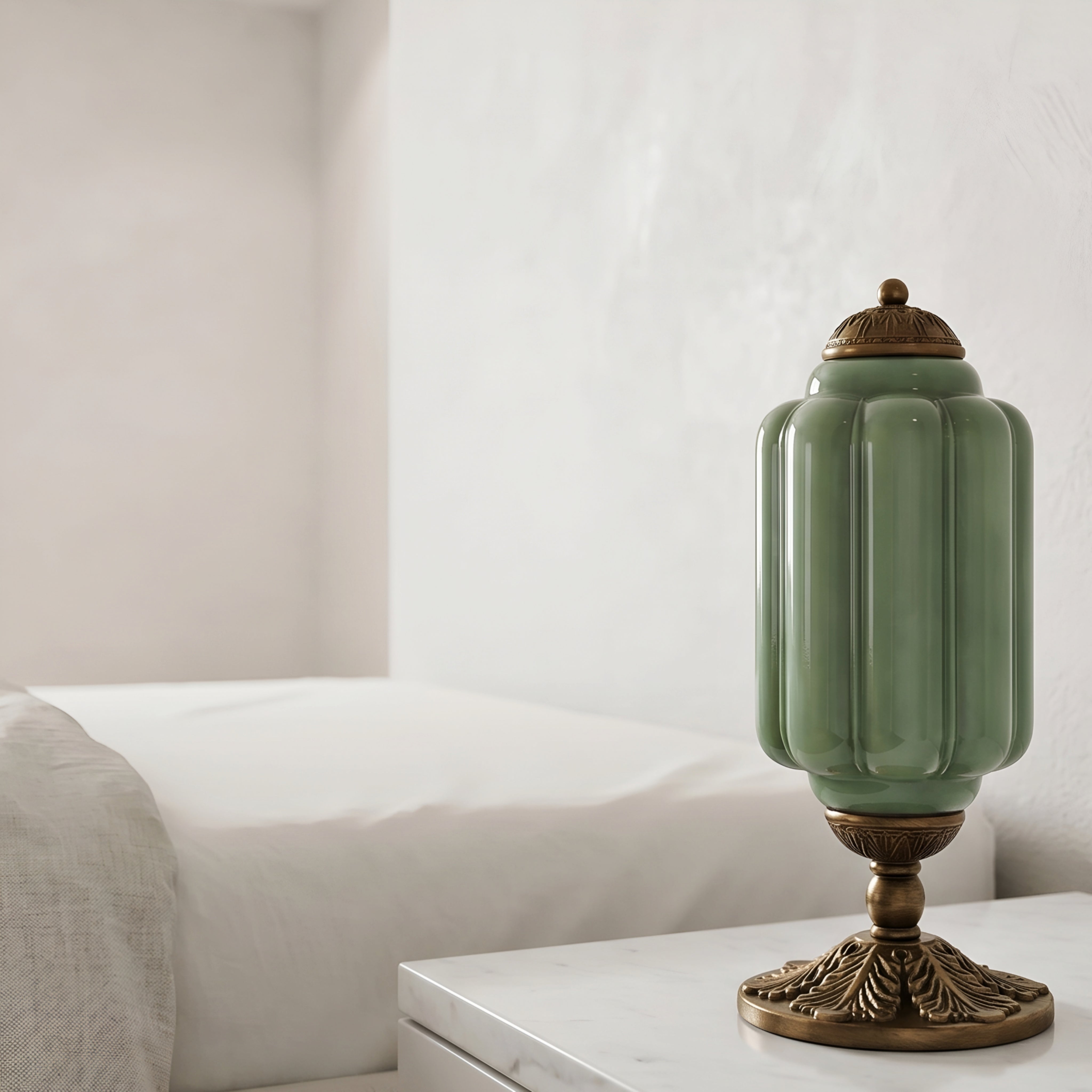 Celadon Urn Table Lamp – Jade Green Ceramic Bronze Base Decorative Lighting Living Room Bedroom
