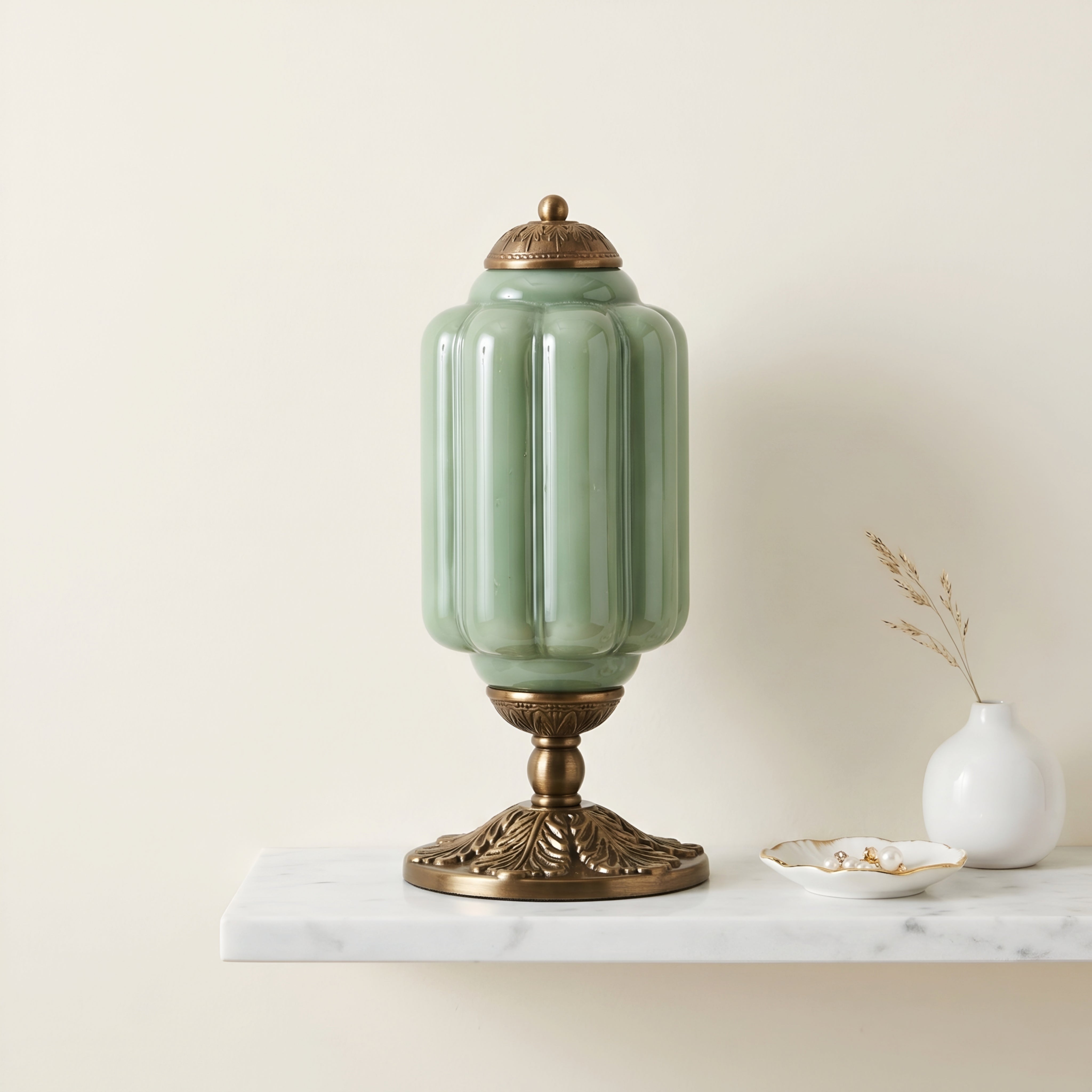 Celadon Urn Table Lamp – Jade Green Ceramic Bronze Base Decorative Lighting Living Room Bedroom