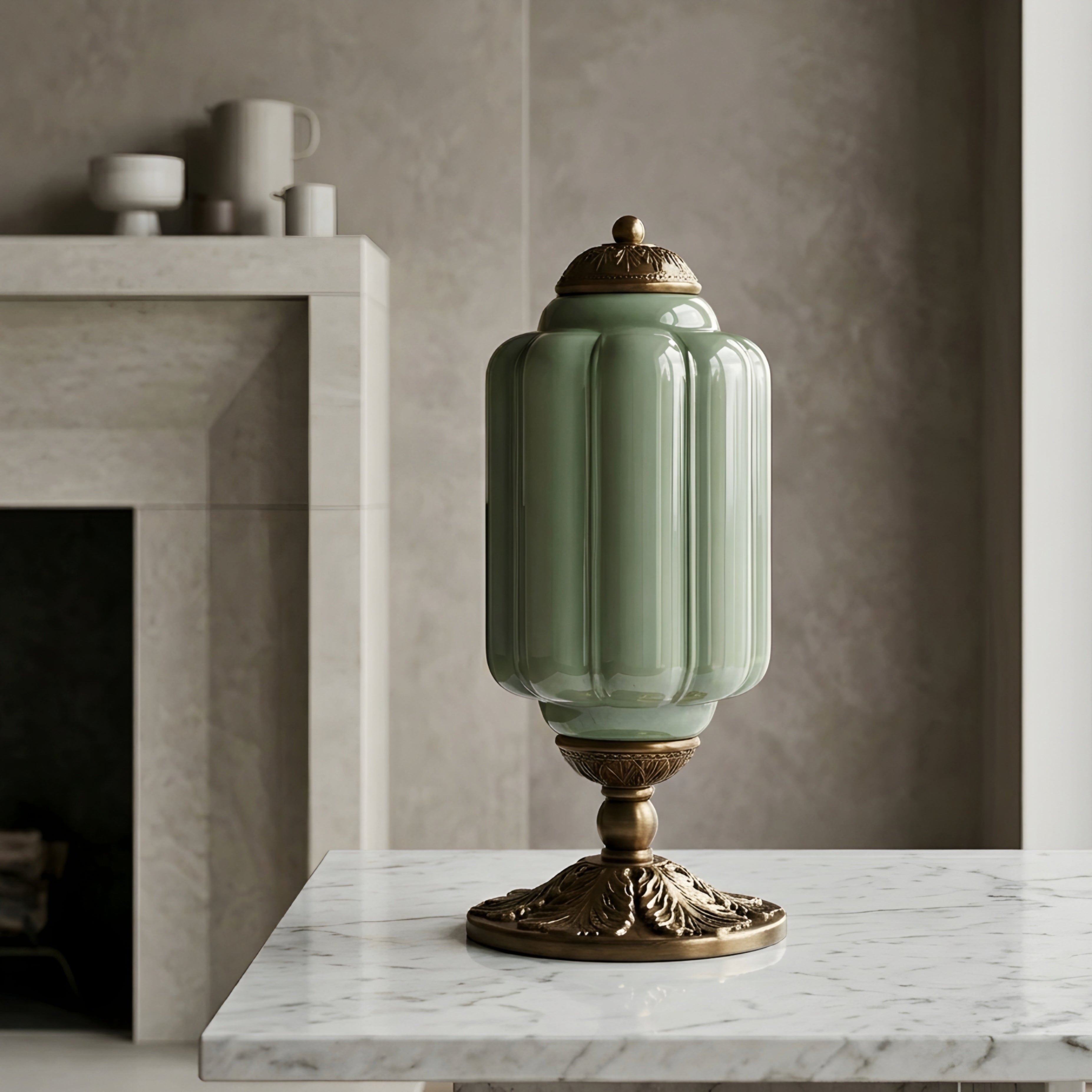 Celadon Urn Table Lamp – Jade Green Ceramic Bronze Base Decorative Lighting Living Room Bedroom