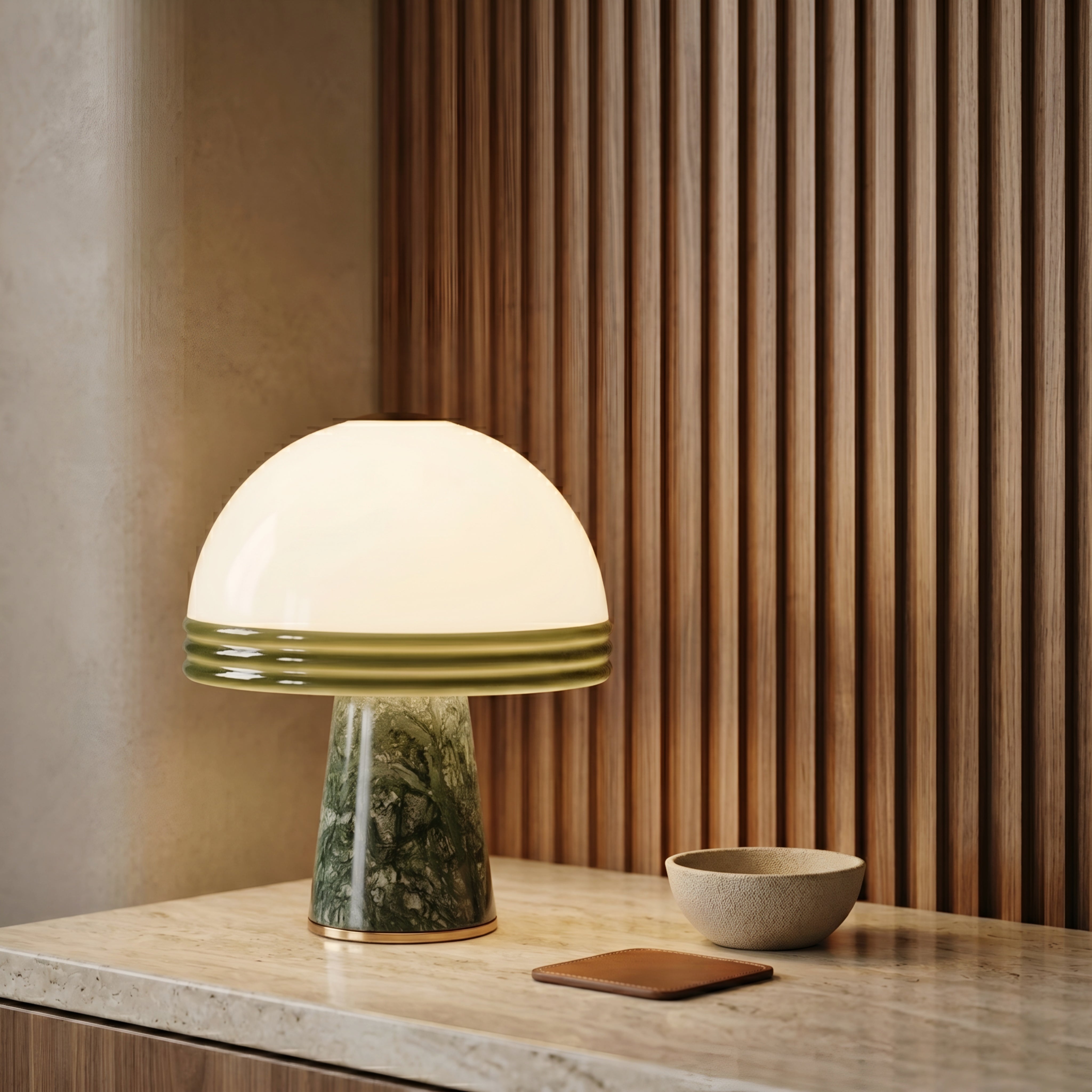 Verdea Mushroom Table Lamp – Green Marble Base White Glass Dome Decorative Lighting Living Room Bedroom