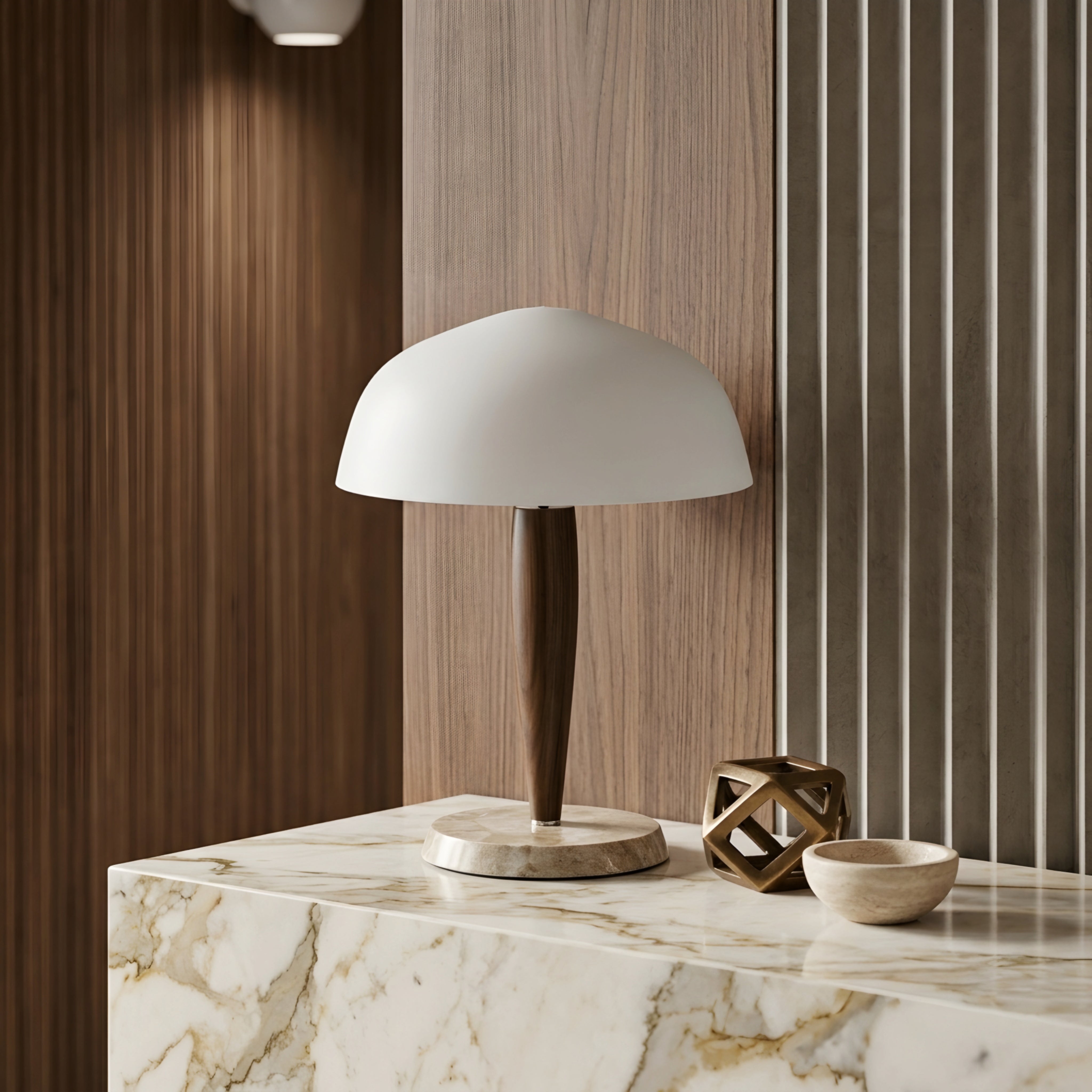 Valen Walnut Marble Table Lamp – Modern Wood Dome Shade Decorative Lighting Living Room Bedroom Desk