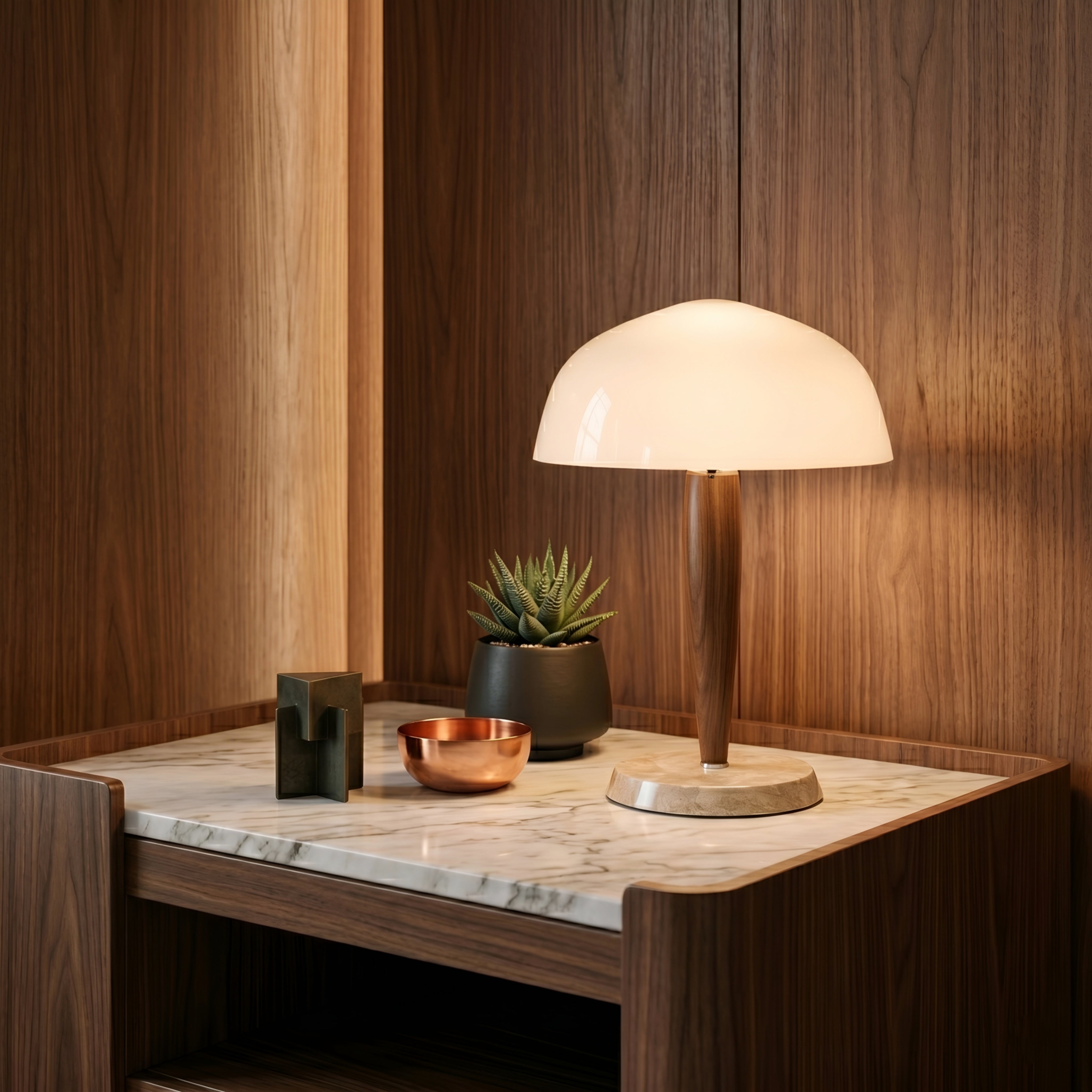 Valen Walnut Marble Table Lamp – Modern Wood Dome Shade Decorative Lighting Living Room Bedroom Desk