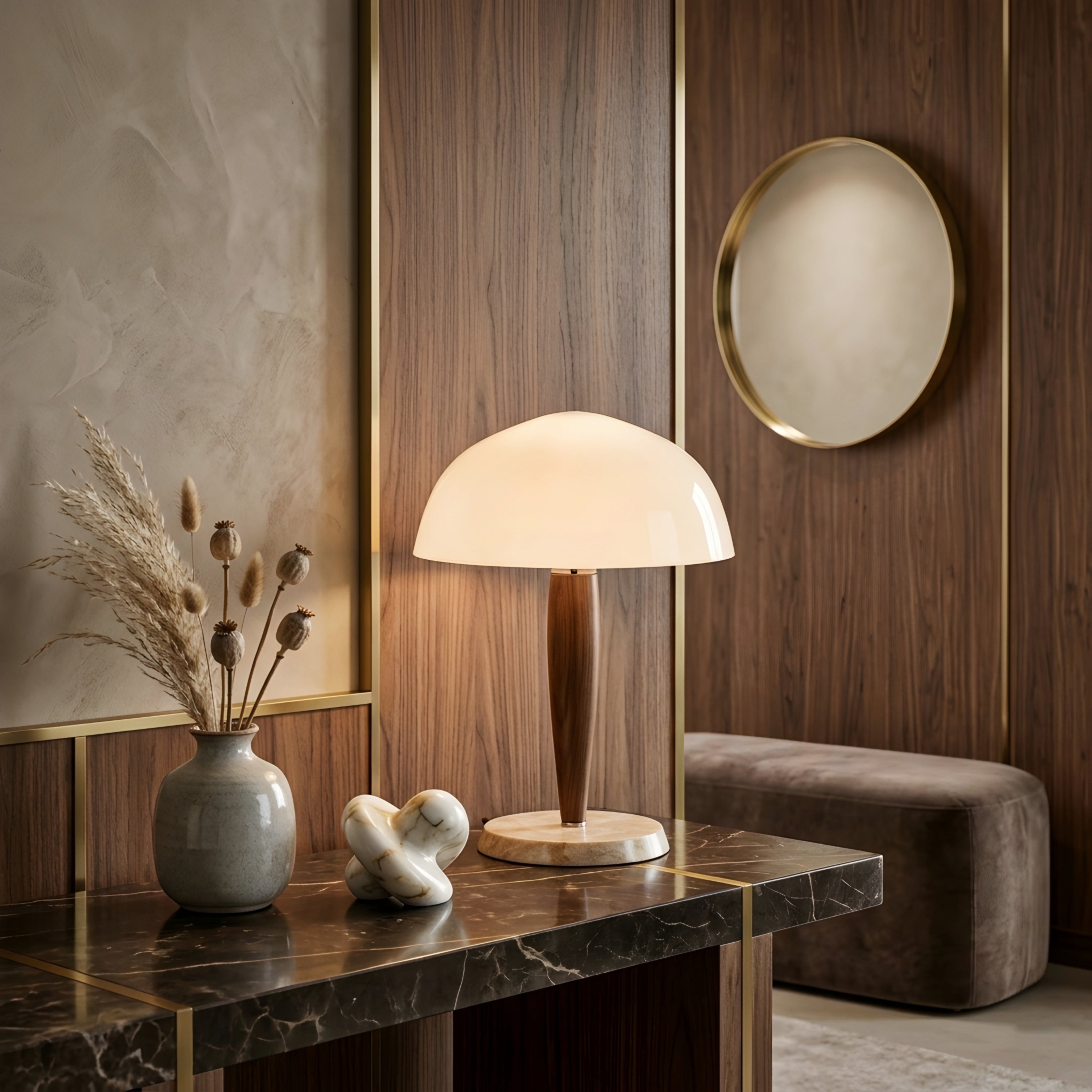 Valen Walnut Marble Table Lamp – Modern Wood Dome Shade Decorative Lighting Living Room Bedroom Desk