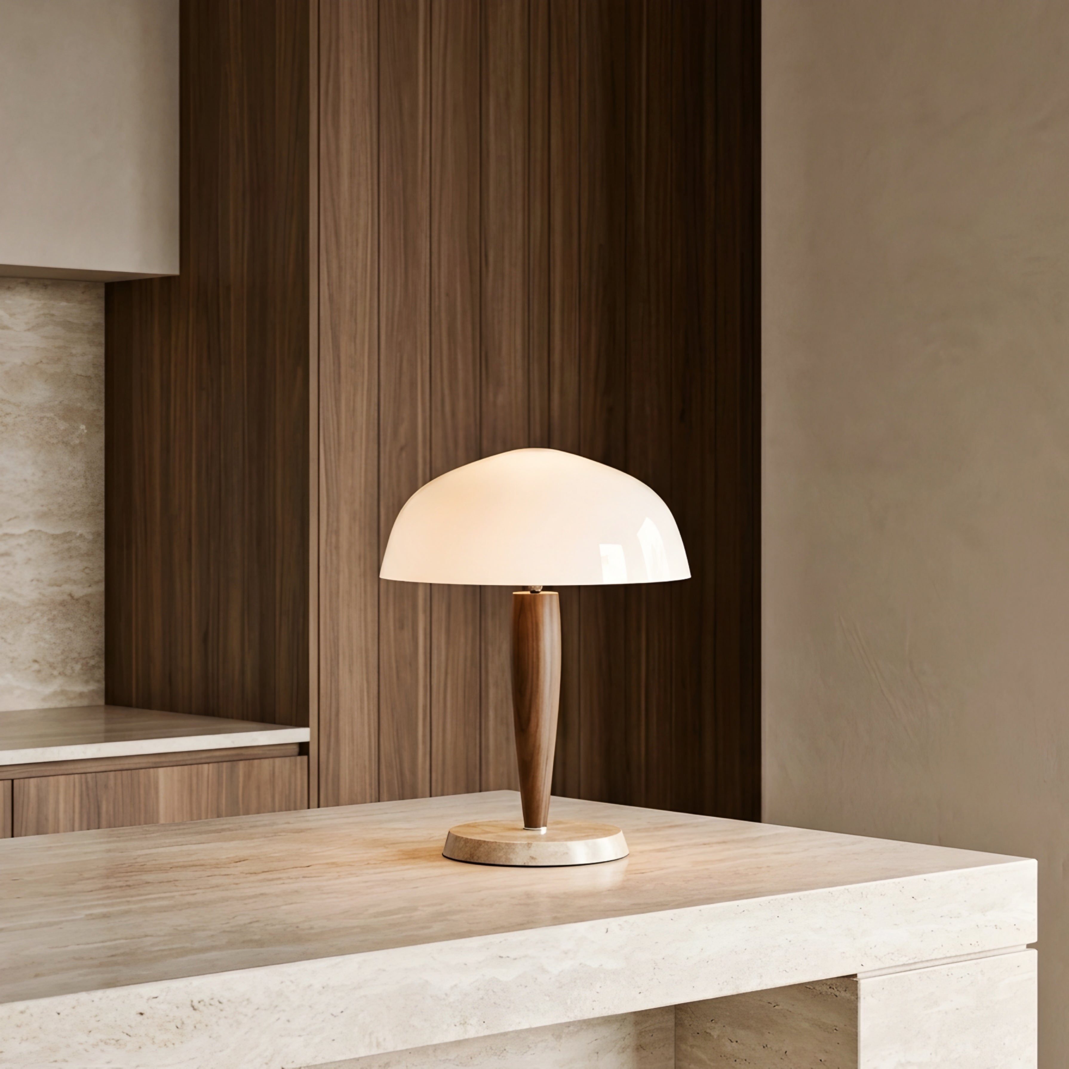 Valen Walnut Marble Table Lamp – Modern Wood Dome Shade Decorative Lighting Living Room Bedroom Desk