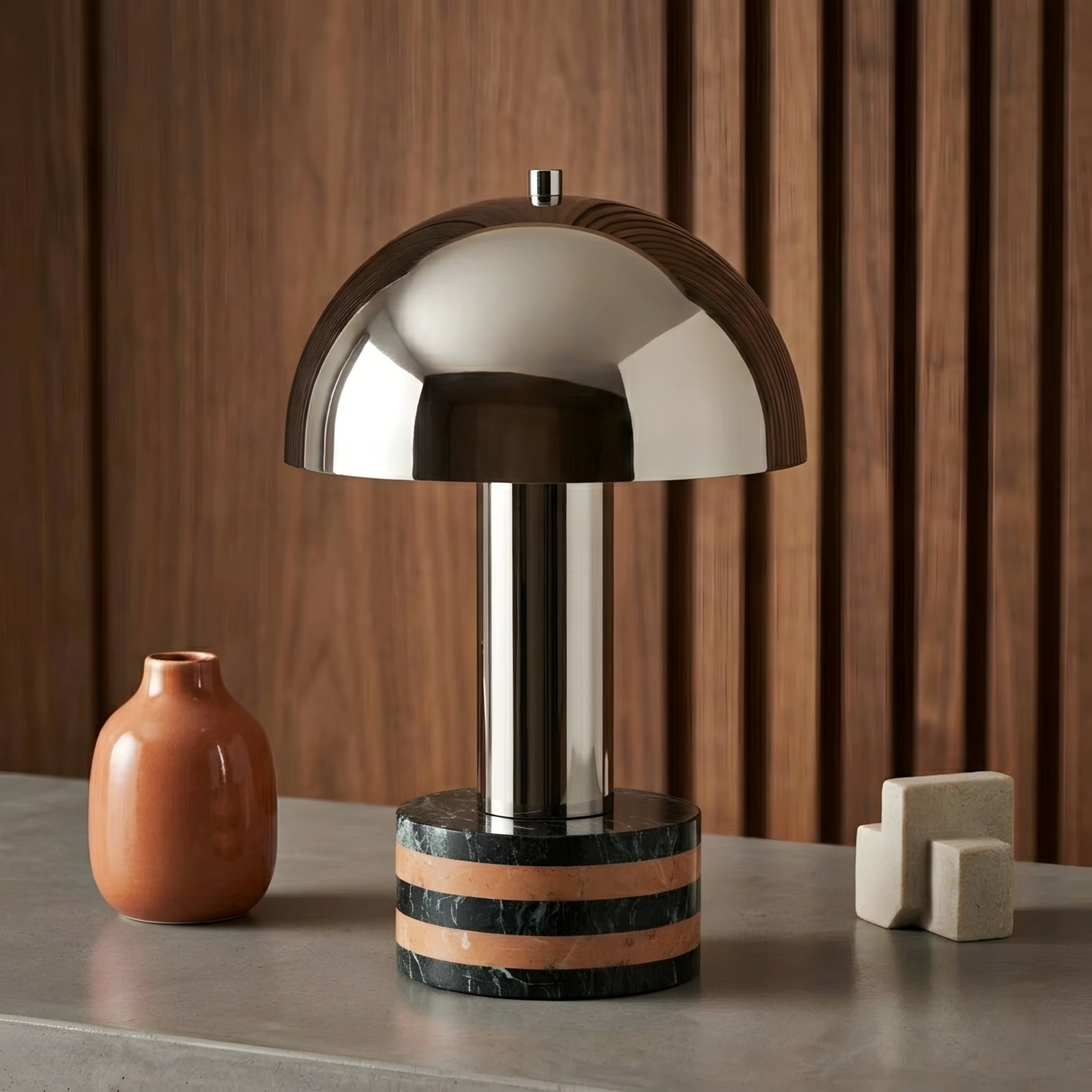 Dolara Stone Mushroom Table Lamp – Chrome Dome Marble Base Decorative Lighting Bedroom Living Room