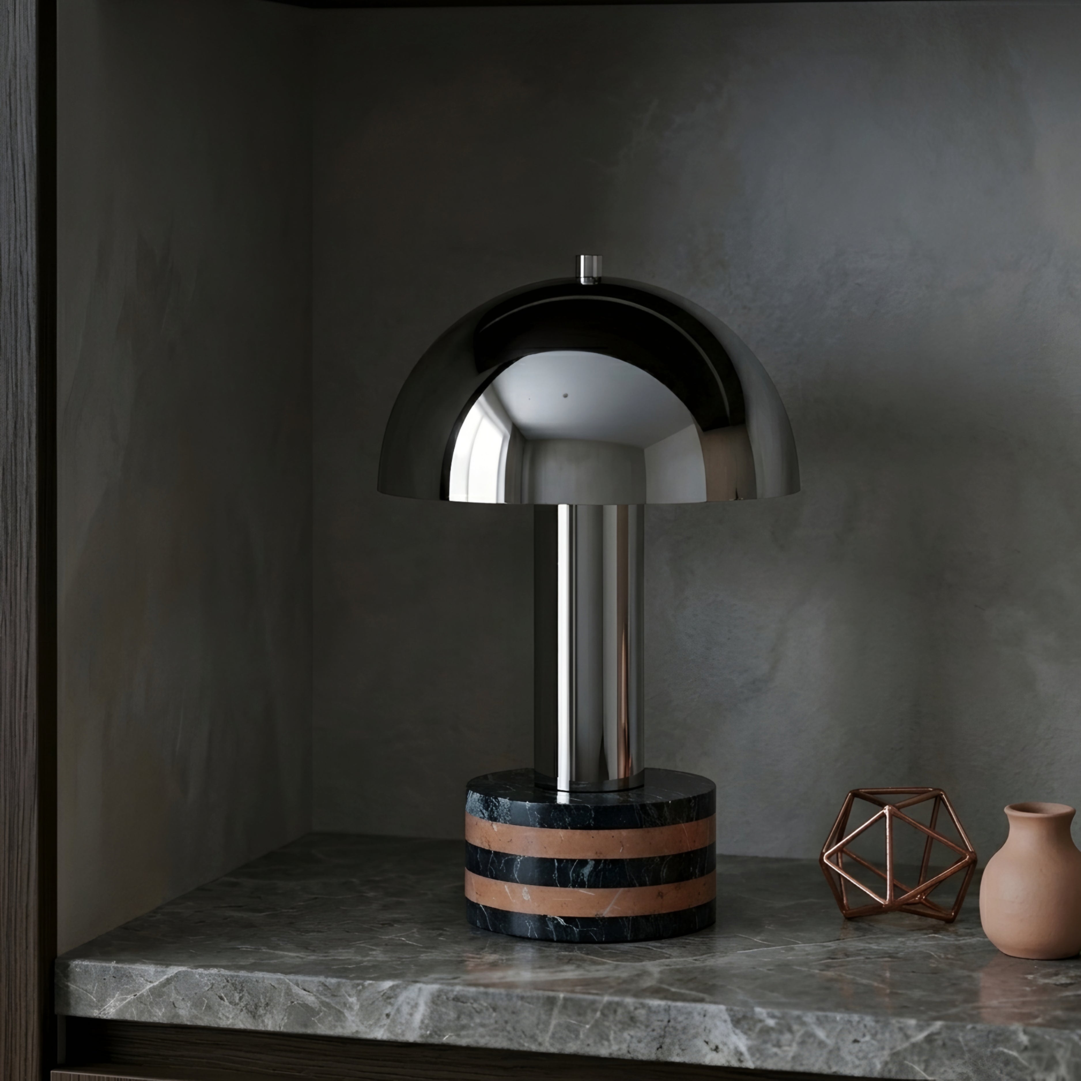 Dolara Stone Mushroom Table Lamp – Chrome Dome Marble Base Decorative Lighting Bedroom Living Room