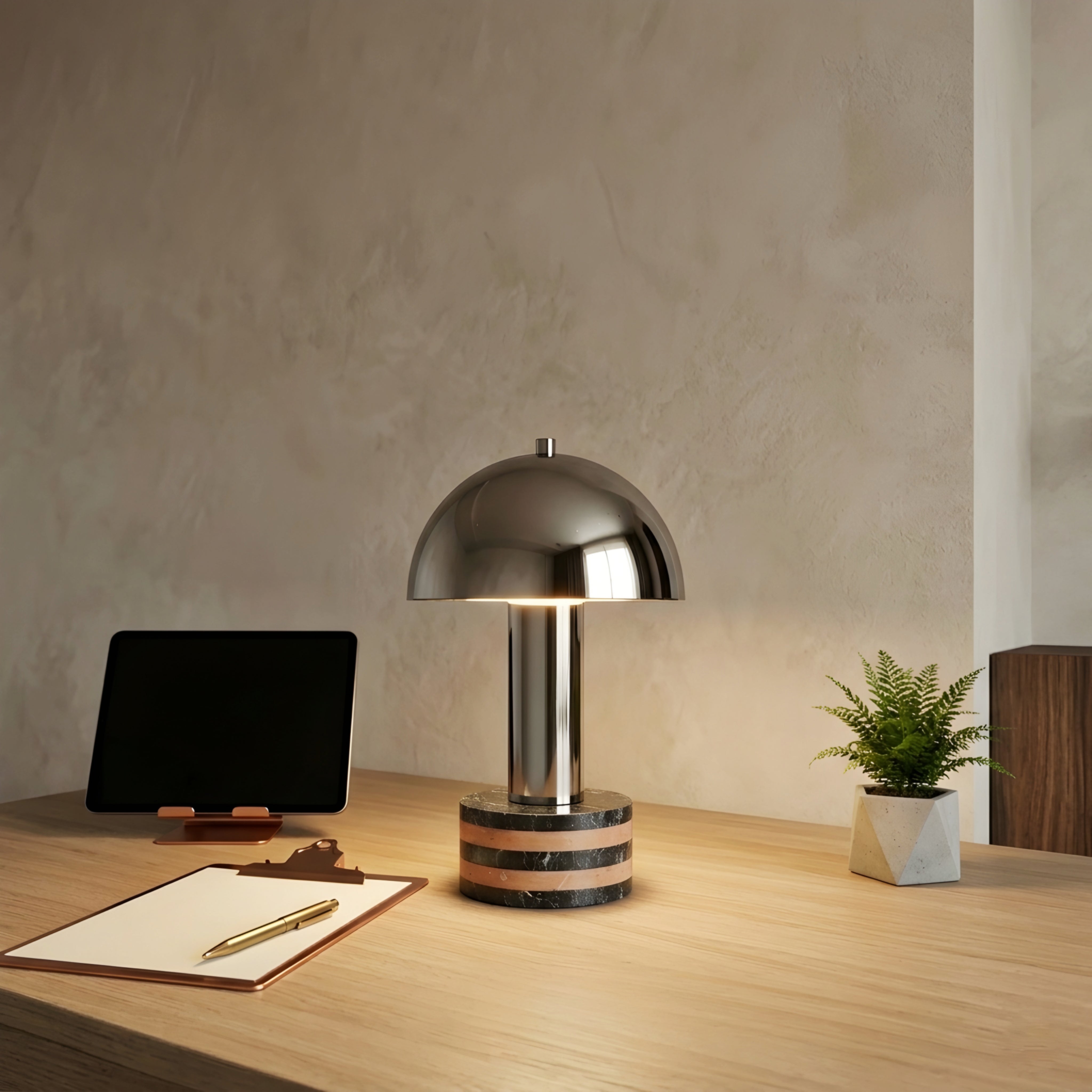 Dolara Stone Mushroom Table Lamp – Chrome Dome Marble Base Decorative Lighting Bedroom Living Room