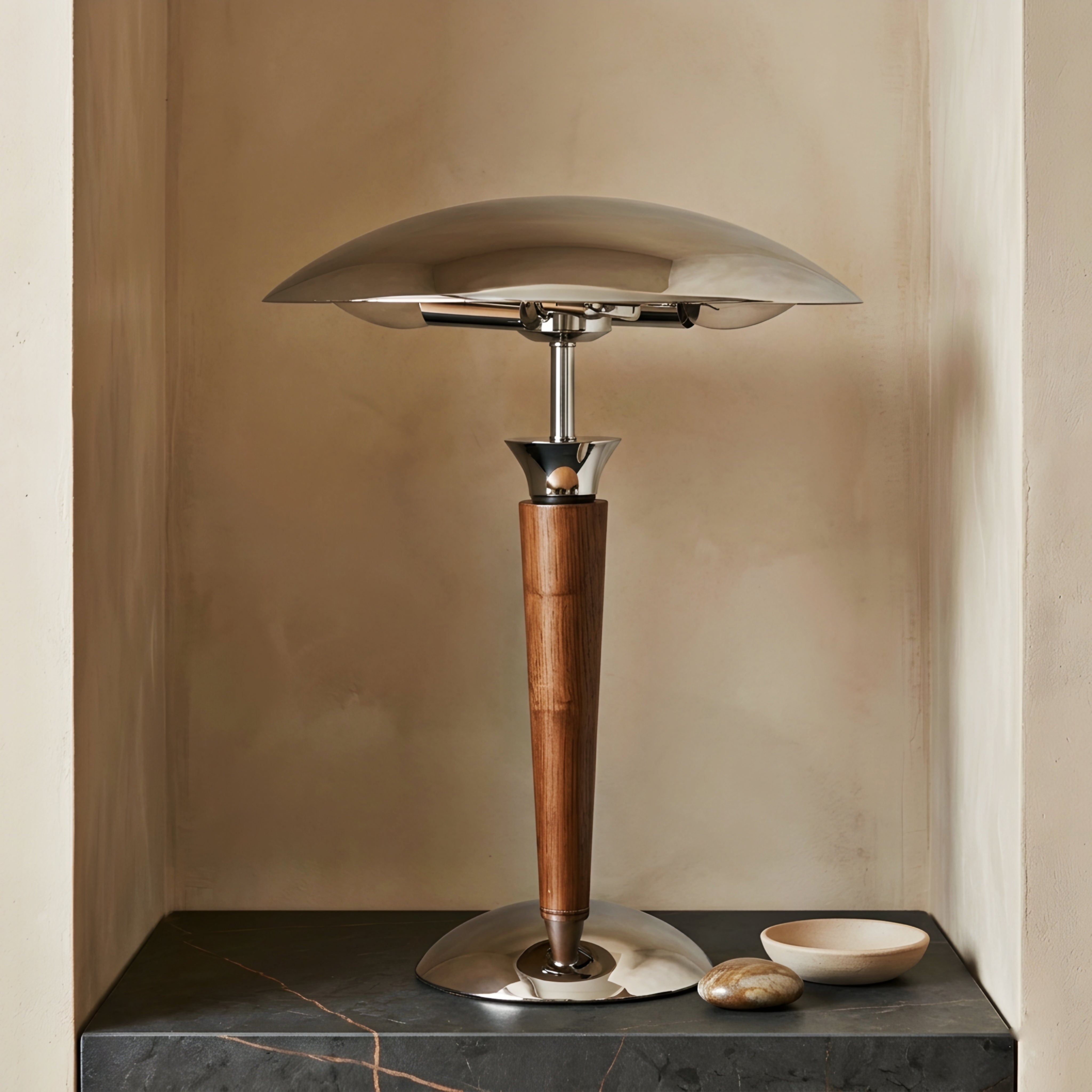 Hexton Dome Table Lamp – Chrome Wood Decorative Living Room Bedroom Desk Lighting Fixture