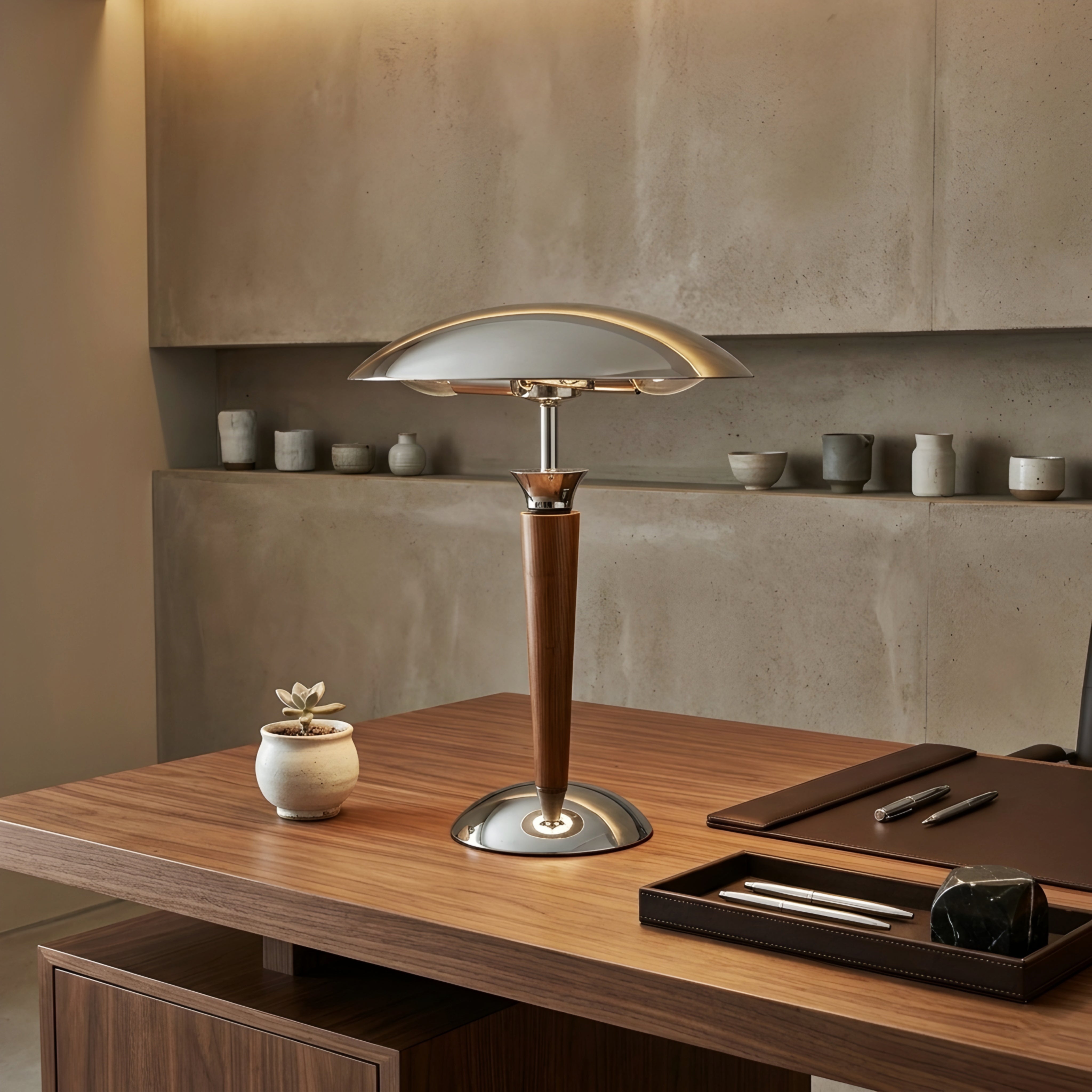 Hexton Dome Table Lamp – Chrome Wood Decorative Living Room Bedroom Desk Lighting Fixture