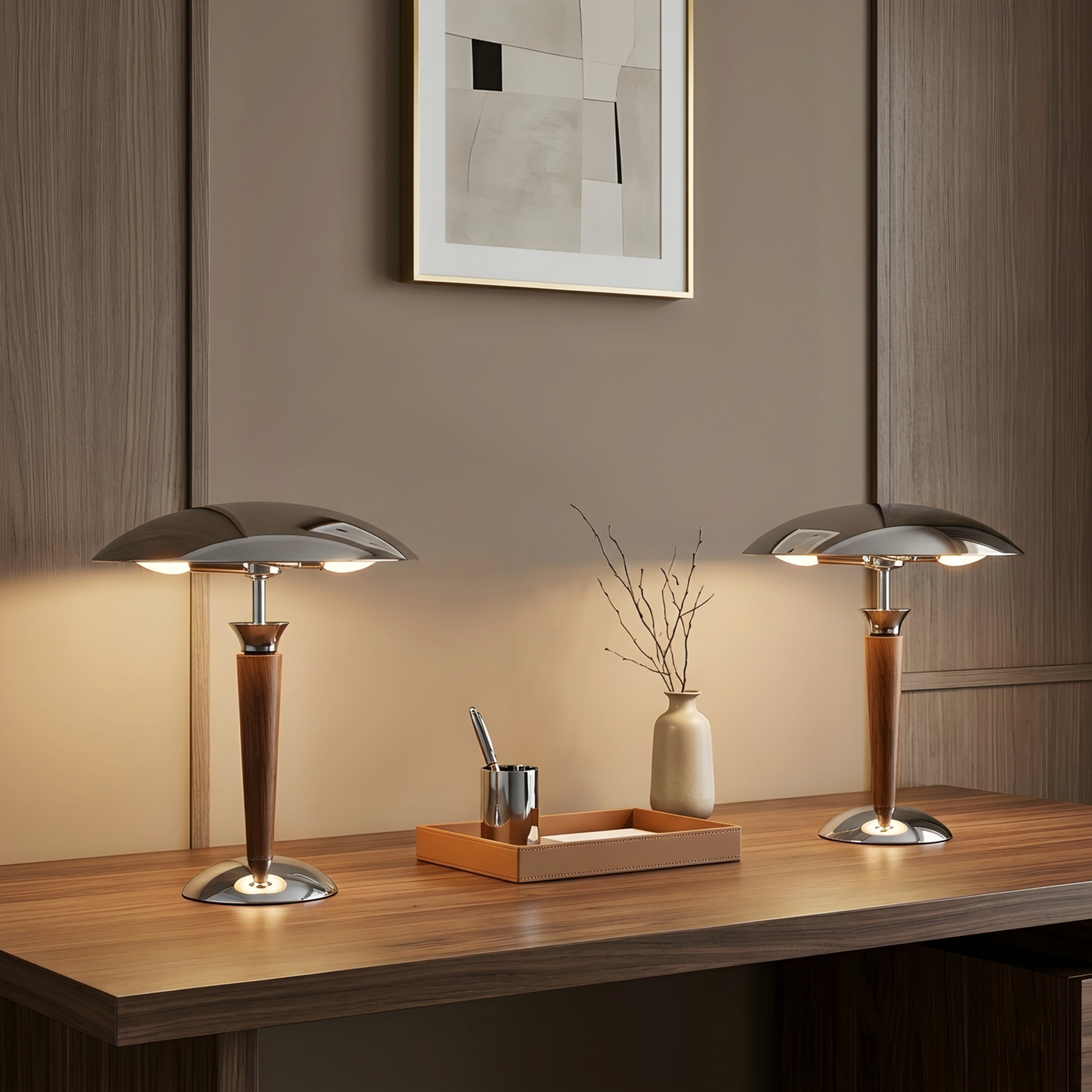 Hexton Dome Table Lamp – Chrome Wood Decorative Living Room Bedroom Desk Lighting Fixture