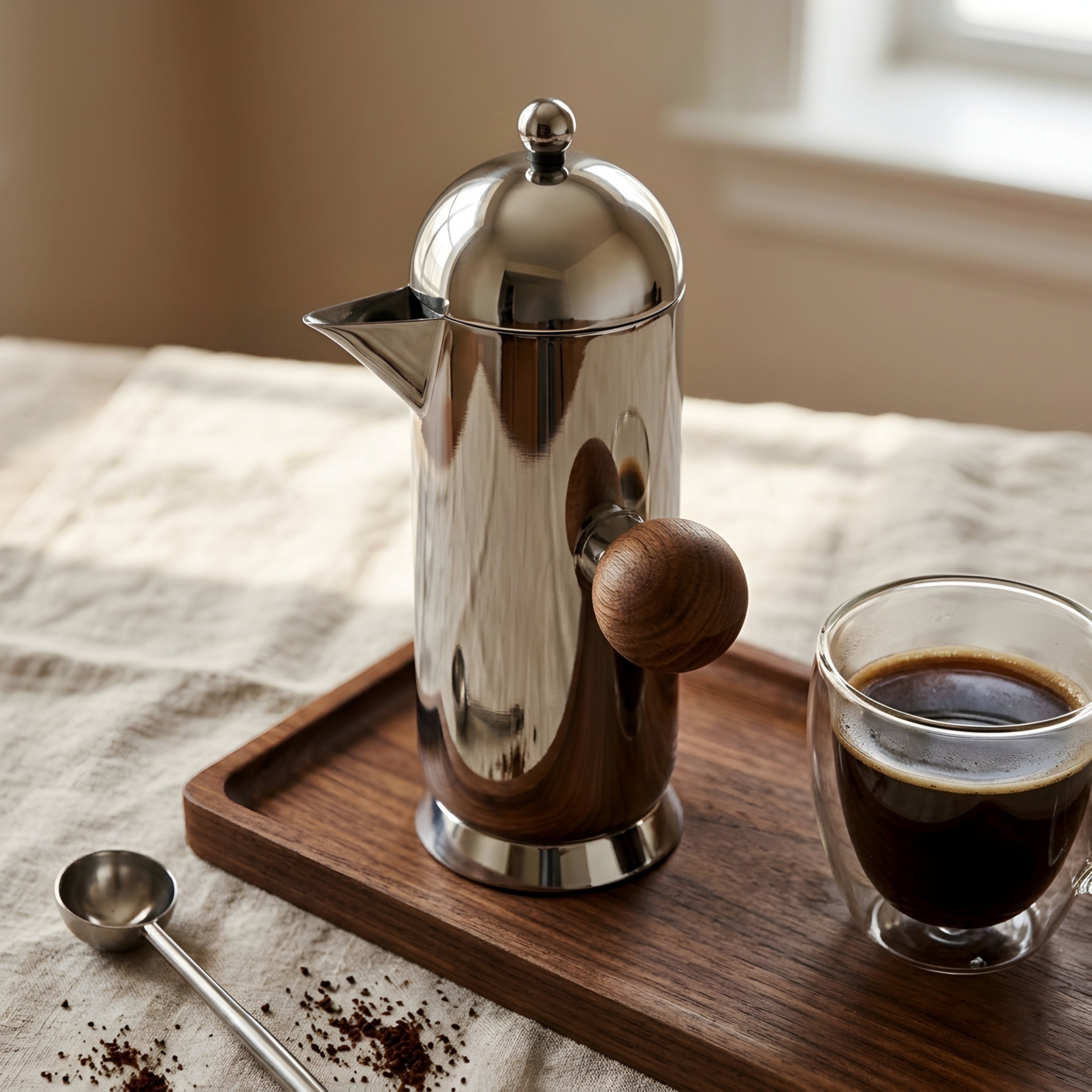 Velluto Stainless French Press – Premium Coffee Maker Polished Chrome Walnut Wood Handle Kitchen