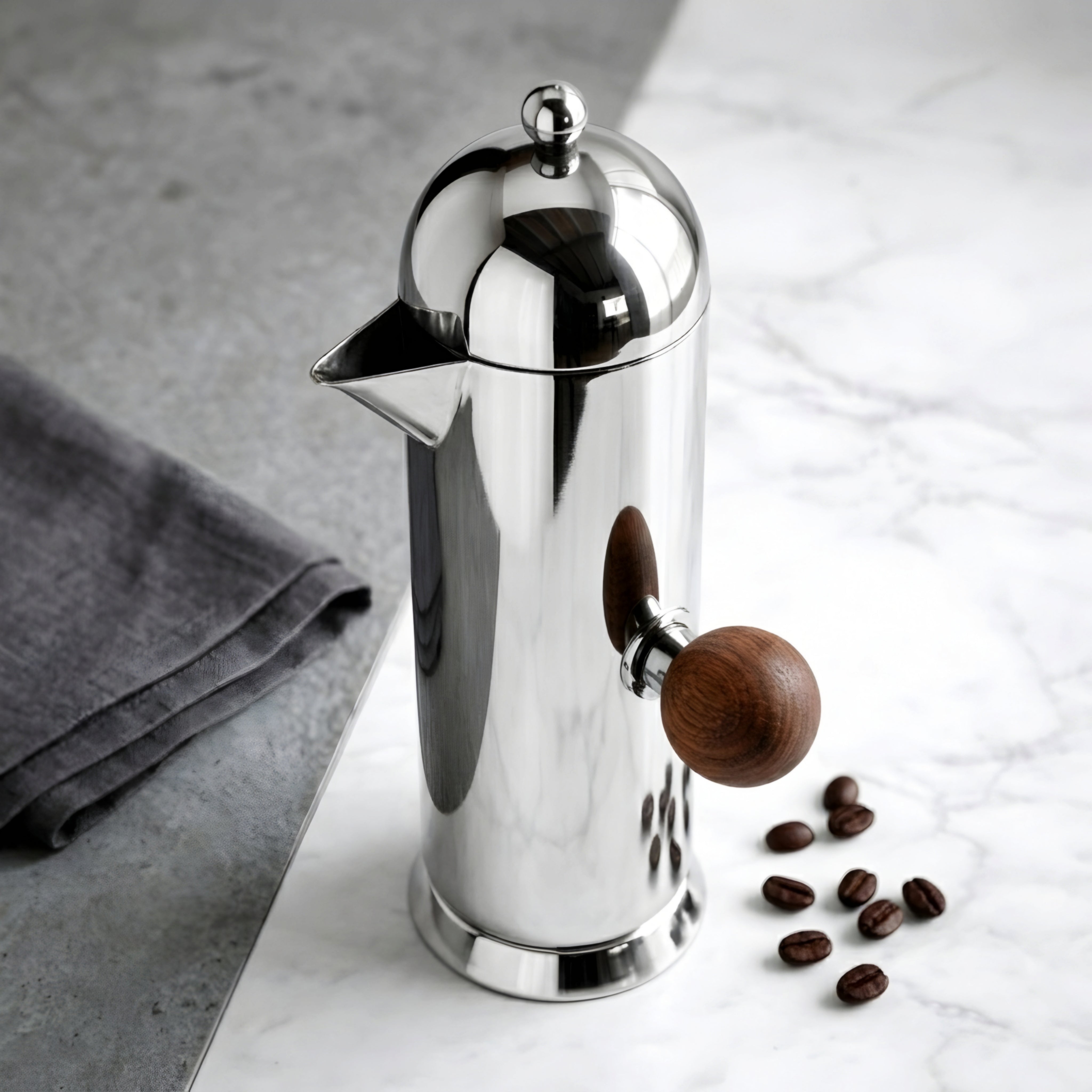 Velluto Stainless French Press – Premium Coffee Maker Polished Chrome Walnut Wood Handle Kitchen