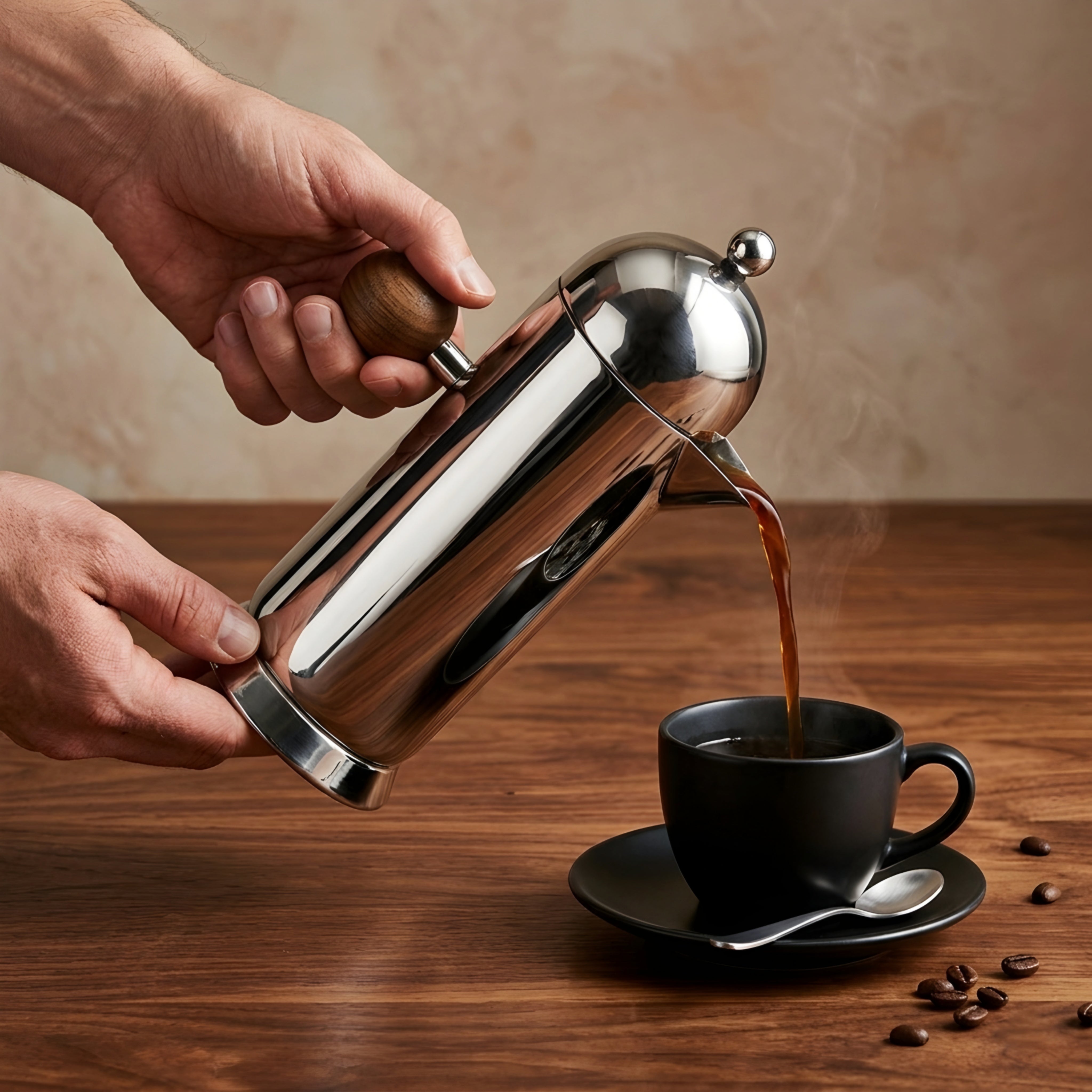 Velluto Stainless French Press – Premium Coffee Maker Polished Chrome Walnut Wood Handle Kitchen