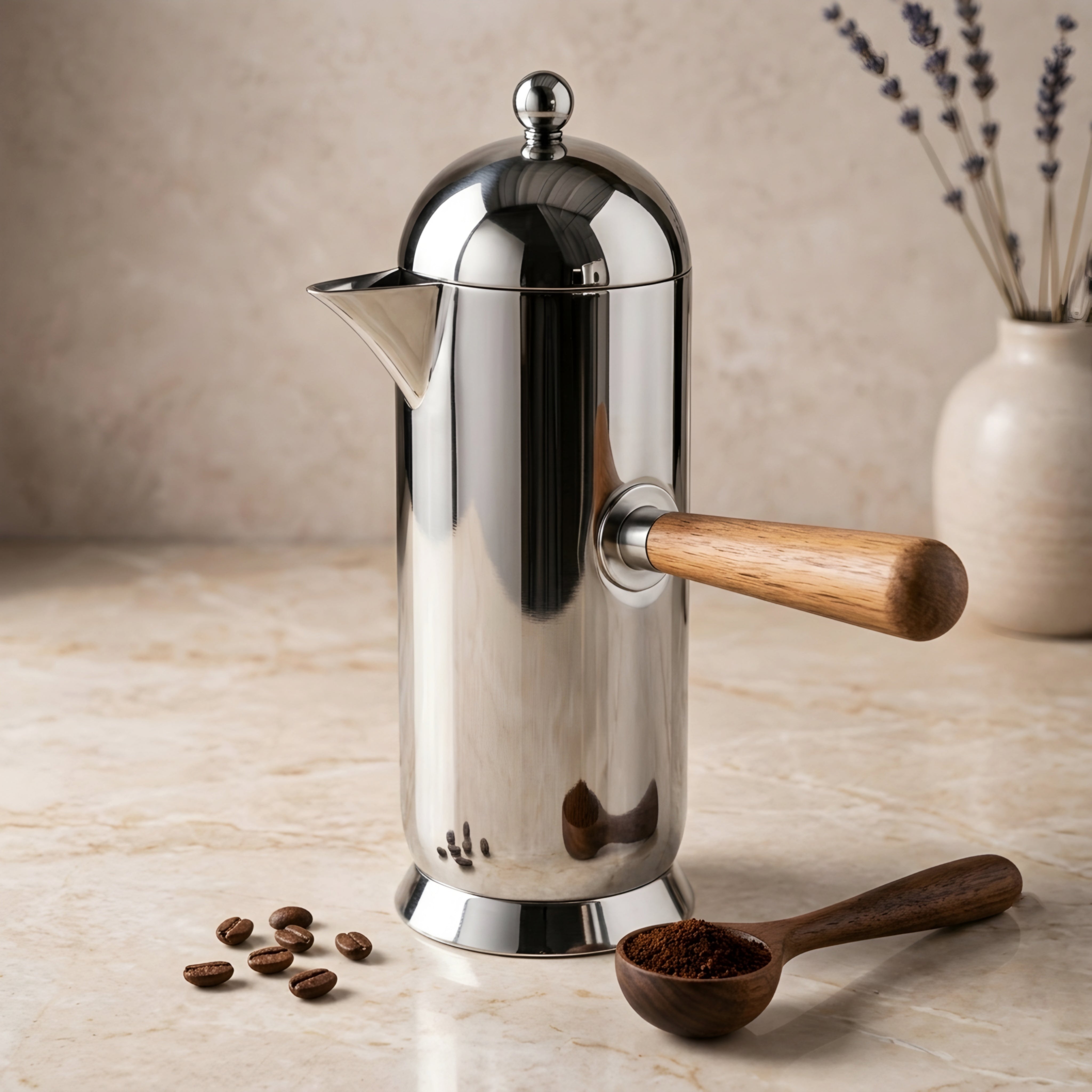 Nordvik Stainless Steel French Press – Premium Coffee Maker Wood Handle Polished Metal Espresso Pot Kitchen