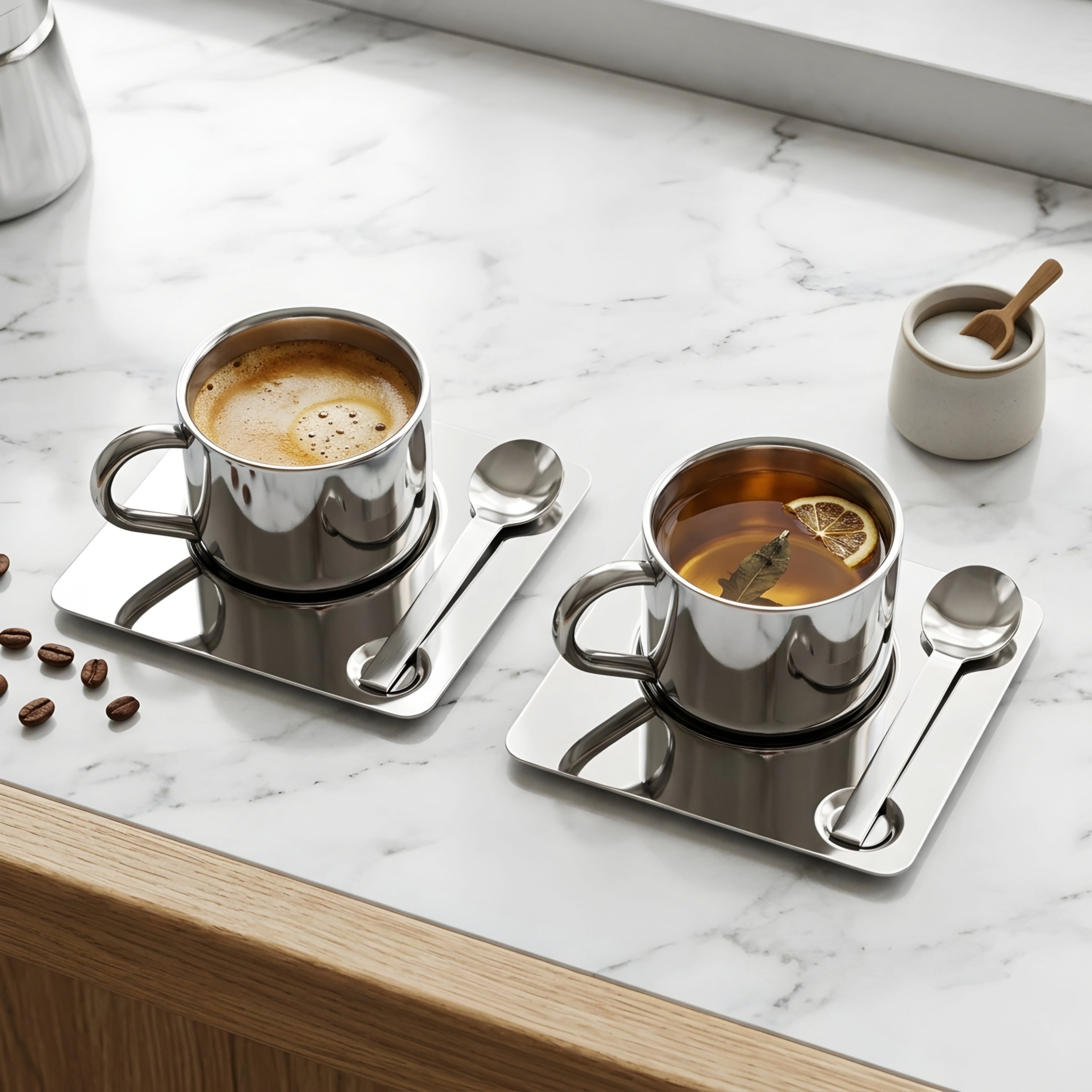 Axiom Coffee Ritual Set – Stainless Steel Espresso Cup Saucer Spoon Modern Kitchen Barware Serving
