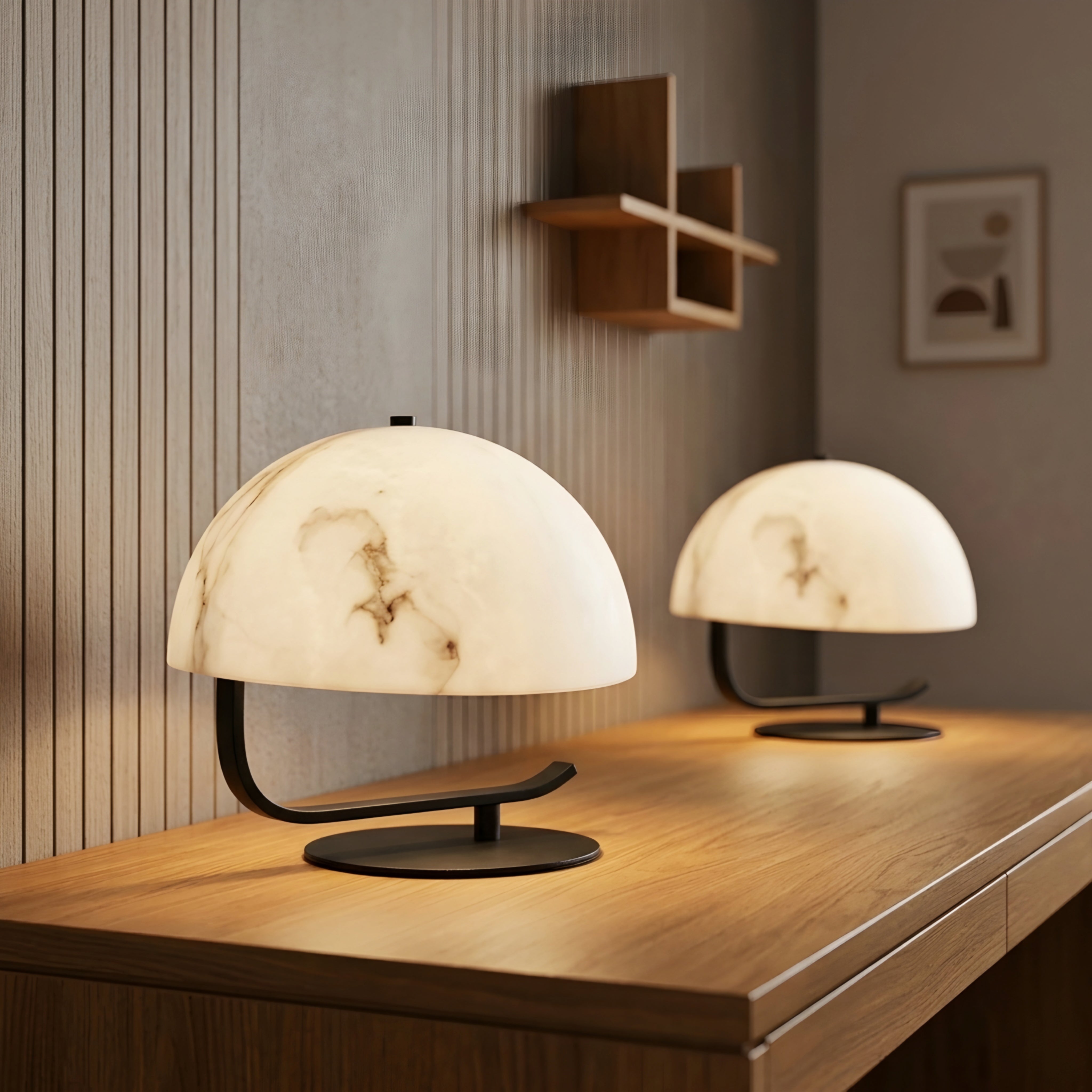 Hikari Dome Table Lamp – Modern Marble Glass Shade Black Metal Base Bedroom Living Room Decorative Lighting