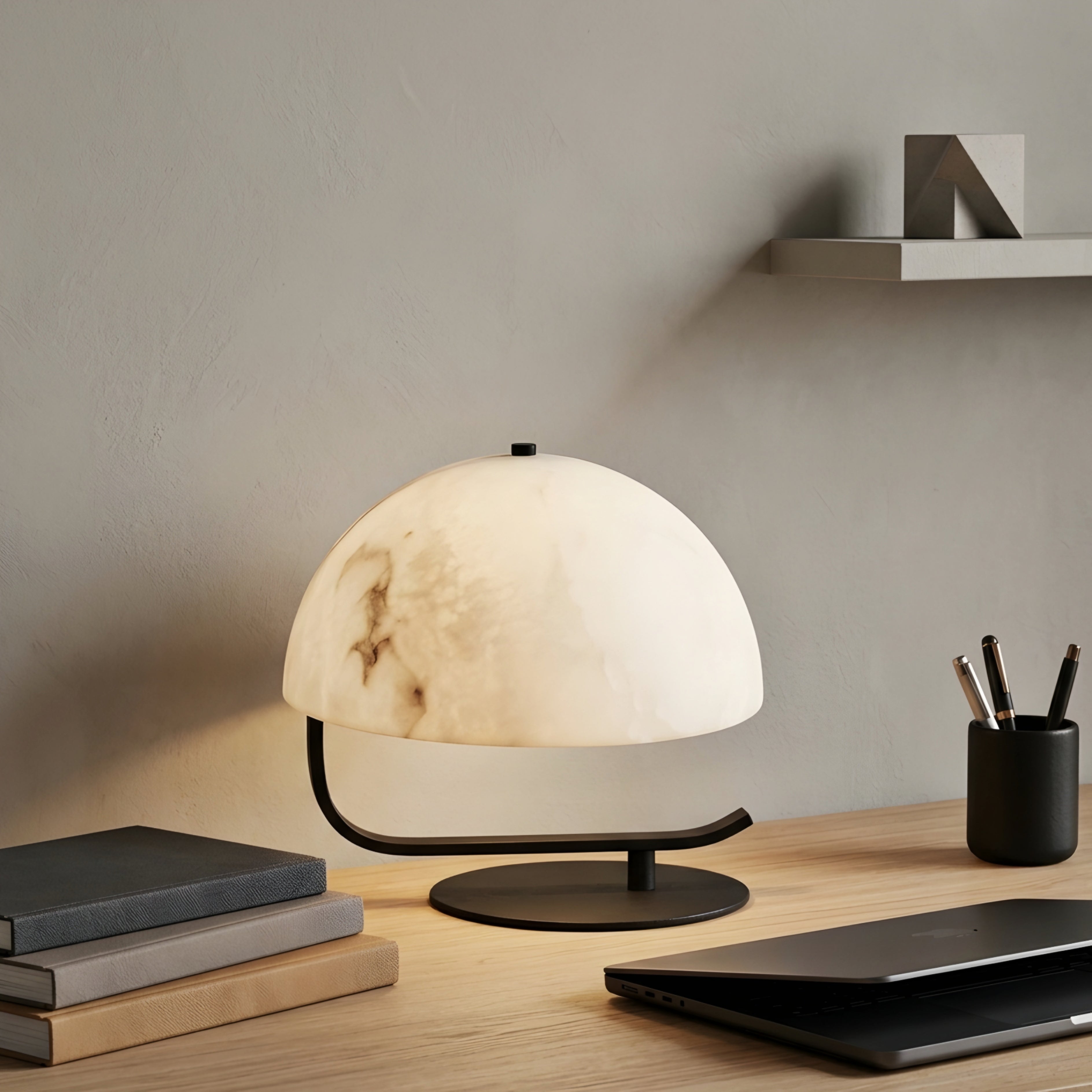 Hikari Dome Table Lamp – Modern Marble Glass Shade Black Metal Base Bedroom Living Room Decorative Lighting