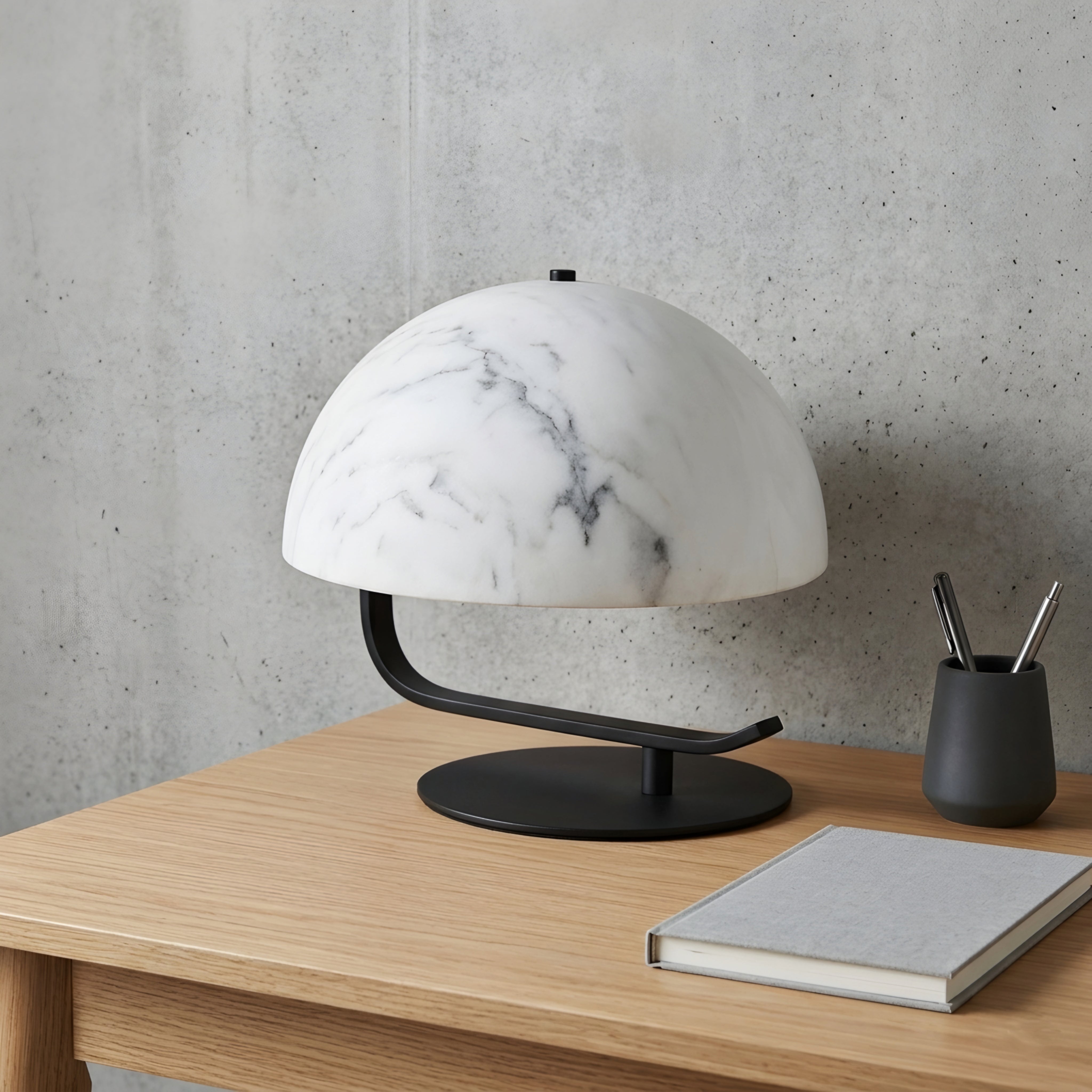 Hikari Dome Table Lamp – Modern Marble Glass Shade Black Metal Base Bedroom Living Room Decorative Lighting