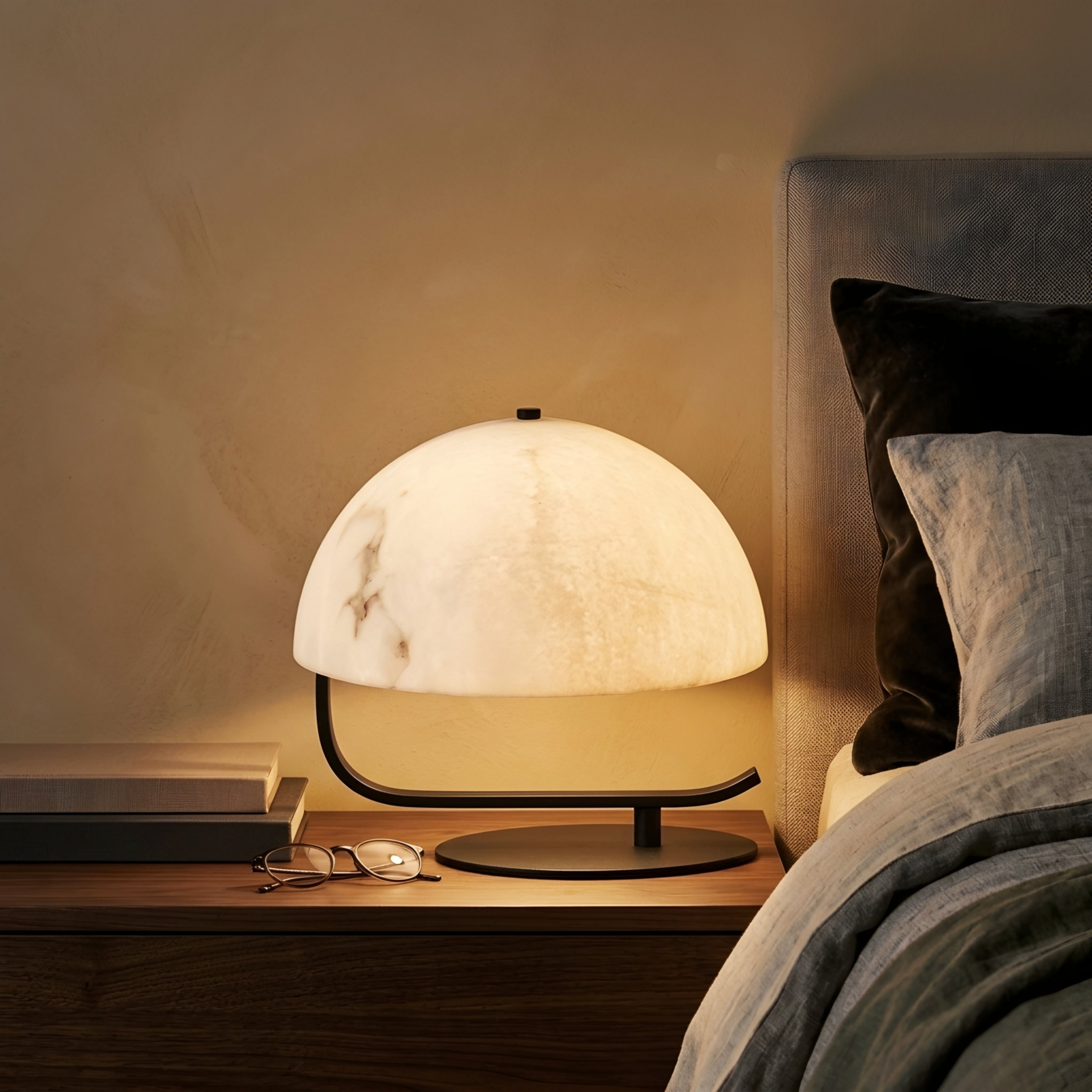 Hikari Dome Table Lamp – Modern Marble Glass Shade Black Metal Base Bedroom Living Room Decorative Lighting
