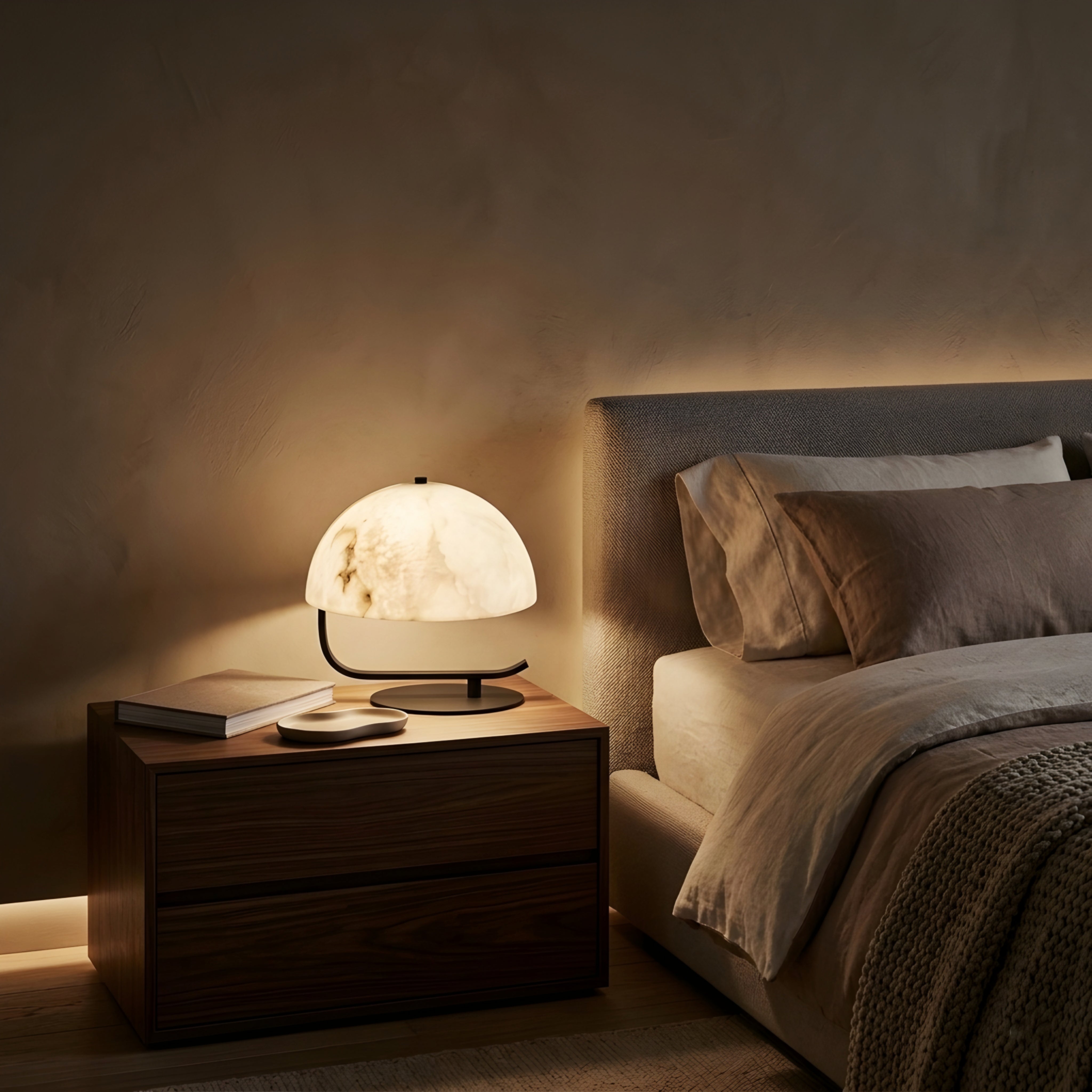 Hikari Dome Table Lamp – Modern Marble Glass Shade Black Metal Base Bedroom Living Room Decorative Lighting