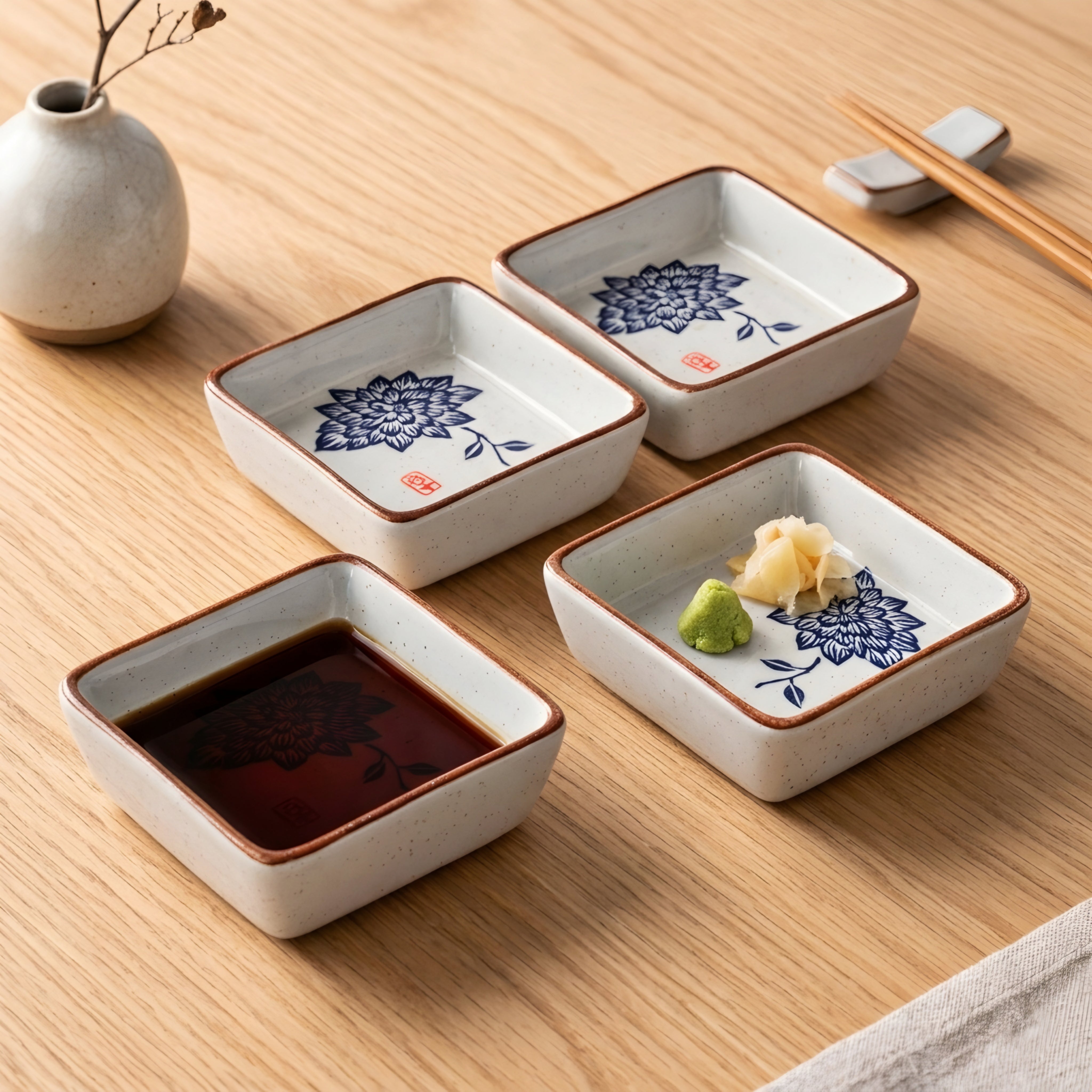 Hanami Ceramic Sauce Dish Set – Japanese Hand-Painted Small Serving Bowls Wood Tray Kitchen Dining Decor