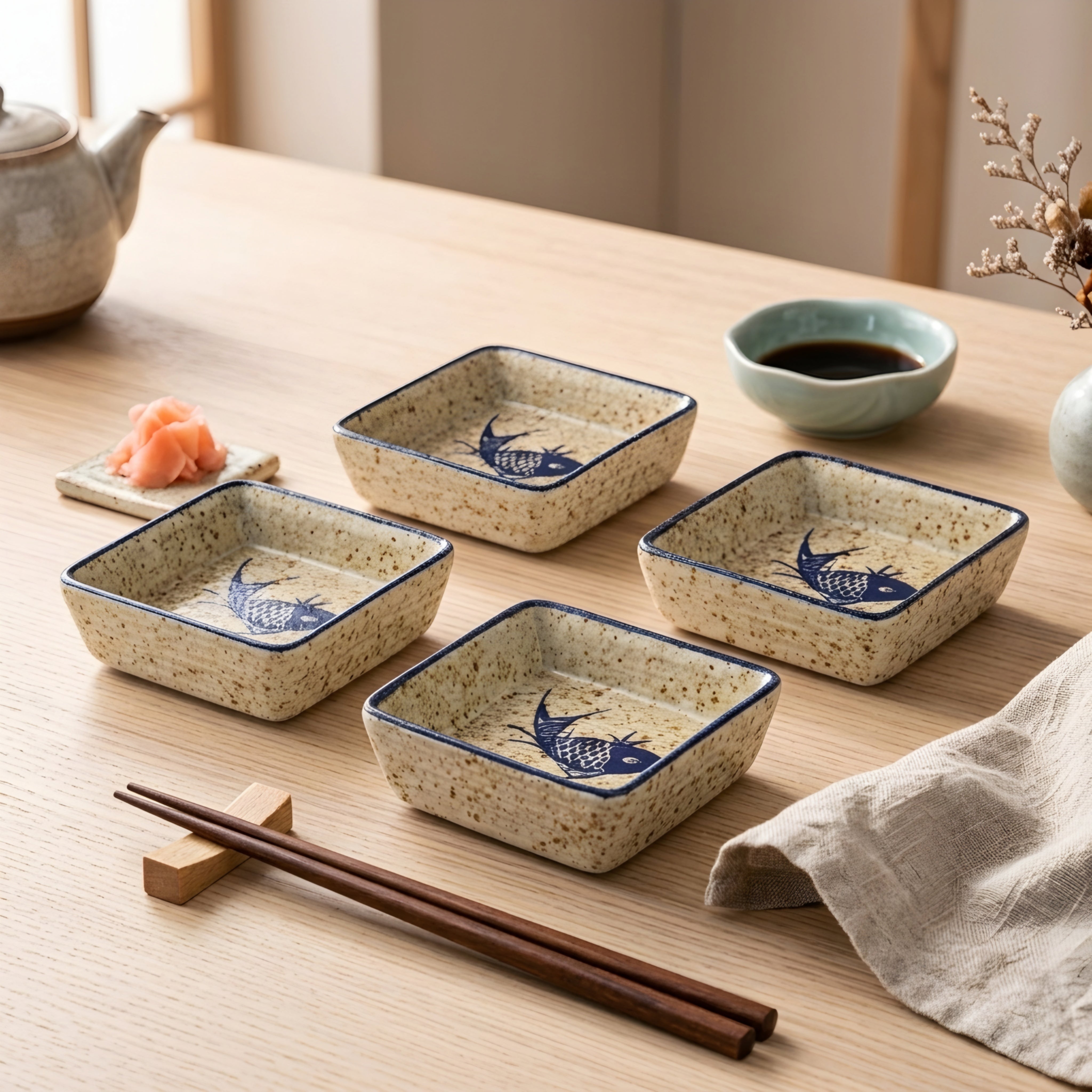 Hanami Ceramic Sauce Dish Set – Japanese Hand-Painted Small Serving Bowls Wood Tray Kitchen Dining Decor