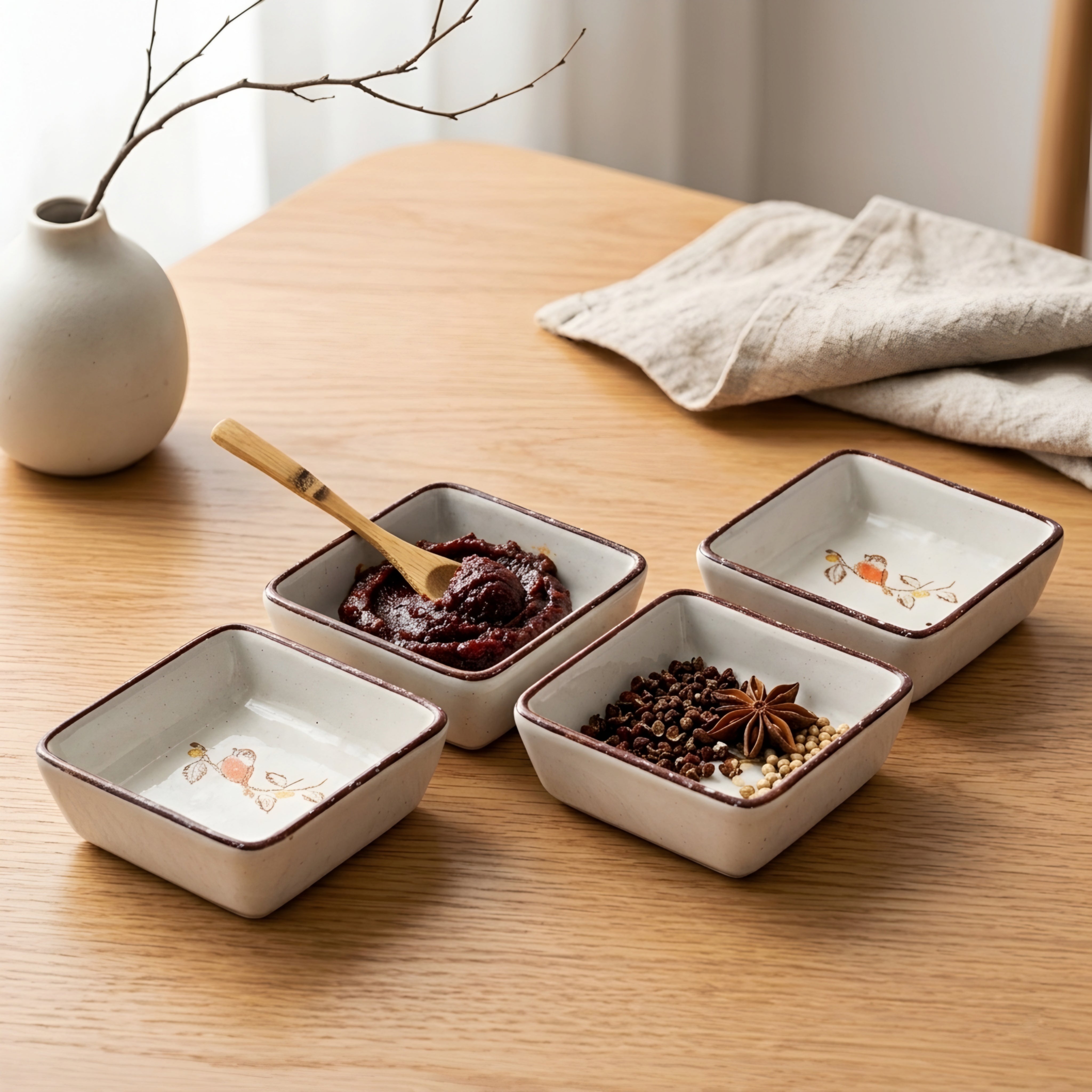 Hanami Ceramic Sauce Dish Set – Japanese Hand-Painted Small Serving Bowls Wood Tray Kitchen Dining Decor