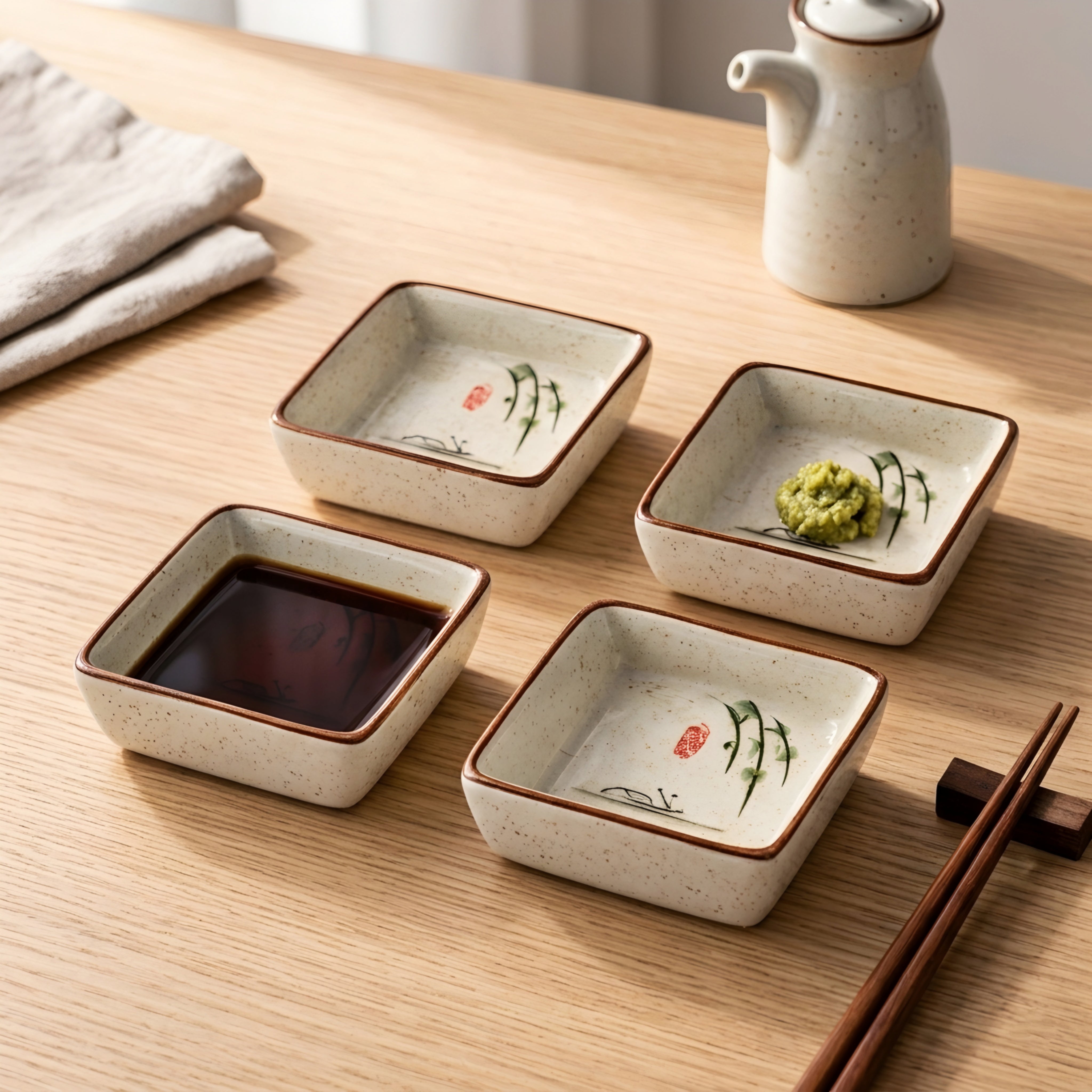 Hanami Ceramic Sauce Dish Set – Japanese Hand-Painted Small Serving Bowls Wood Tray Kitchen Dining Decor