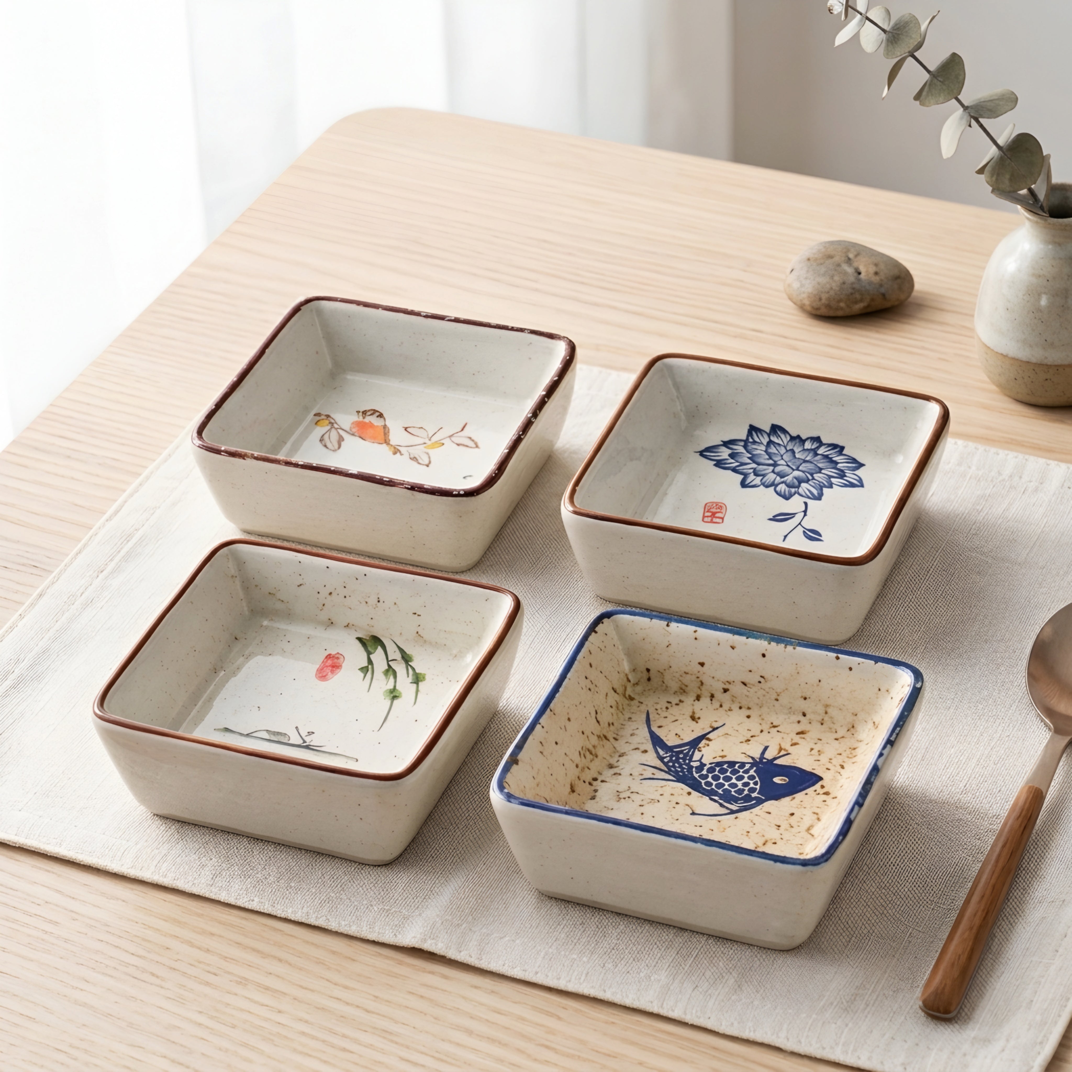 Hanami Ceramic Sauce Dish Set – Japanese Hand-Painted Small Serving Bowls Wood Tray Kitchen Dining Decor