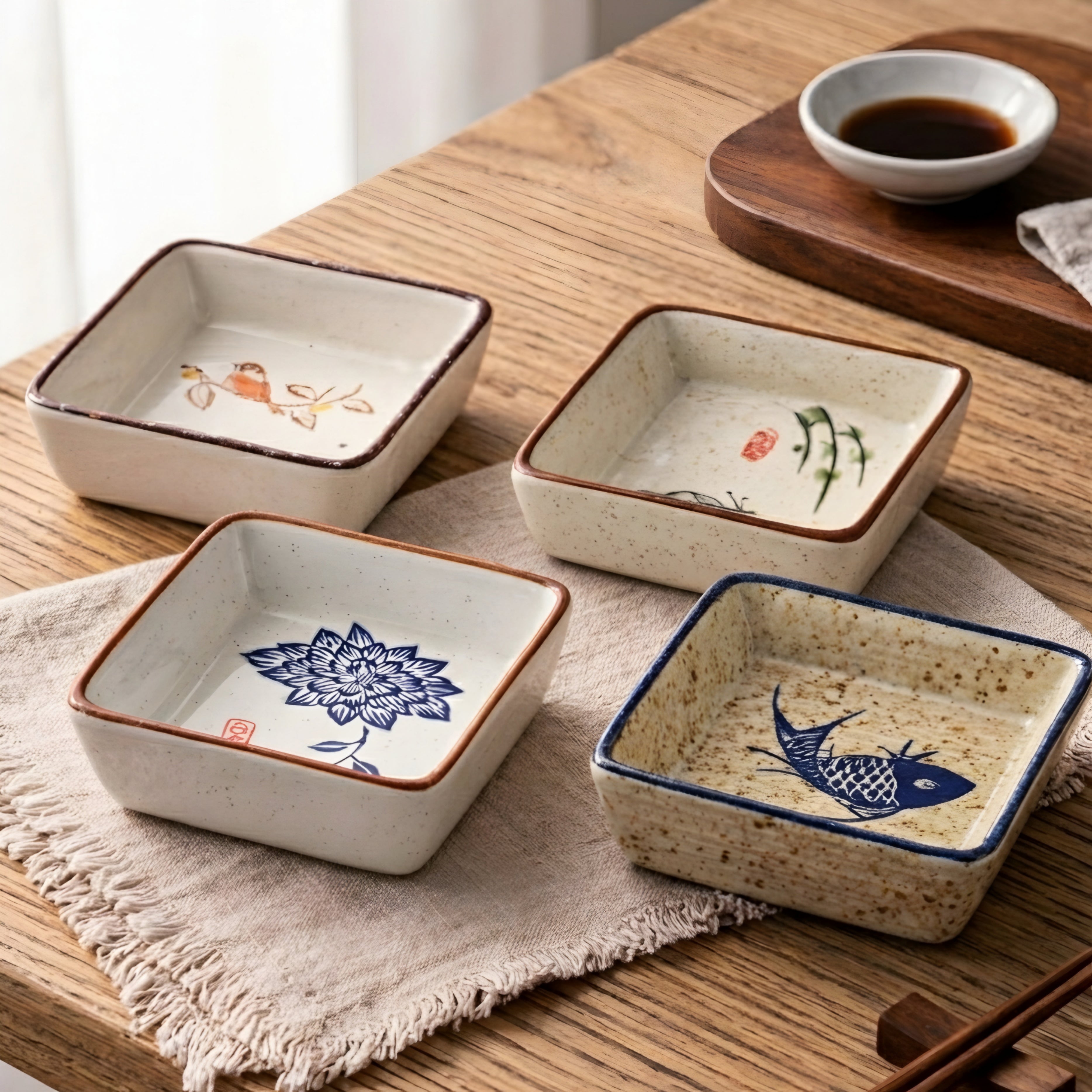 Hanami Ceramic Sauce Dish Set – Japanese Hand-Painted Small Serving Bowls Wood Tray Kitchen Dining Decor