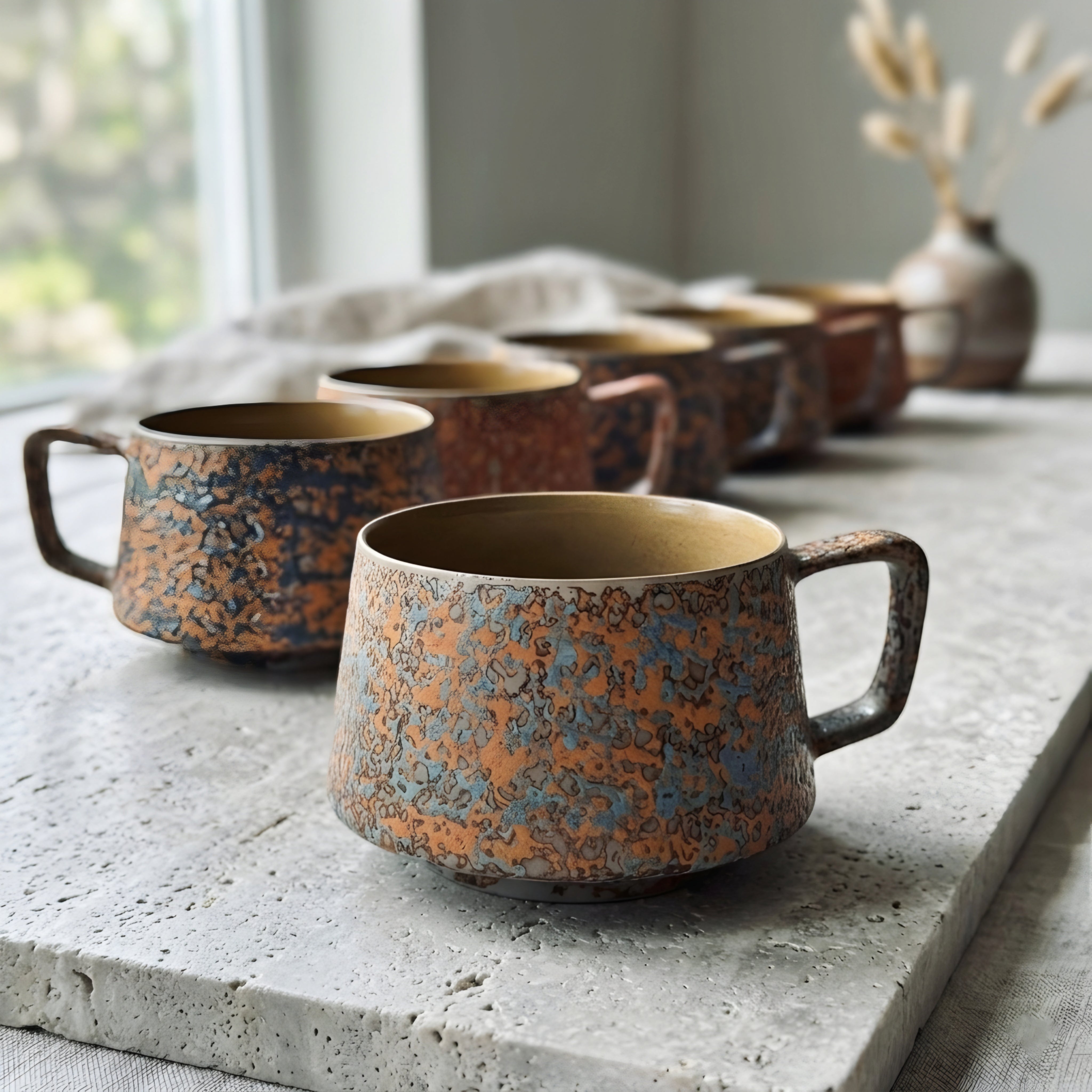 Ferrus Patina Coffee Mug – Handcrafted Ceramic Mug Gold Interior Wide Handle Rustic Kitchen Decor