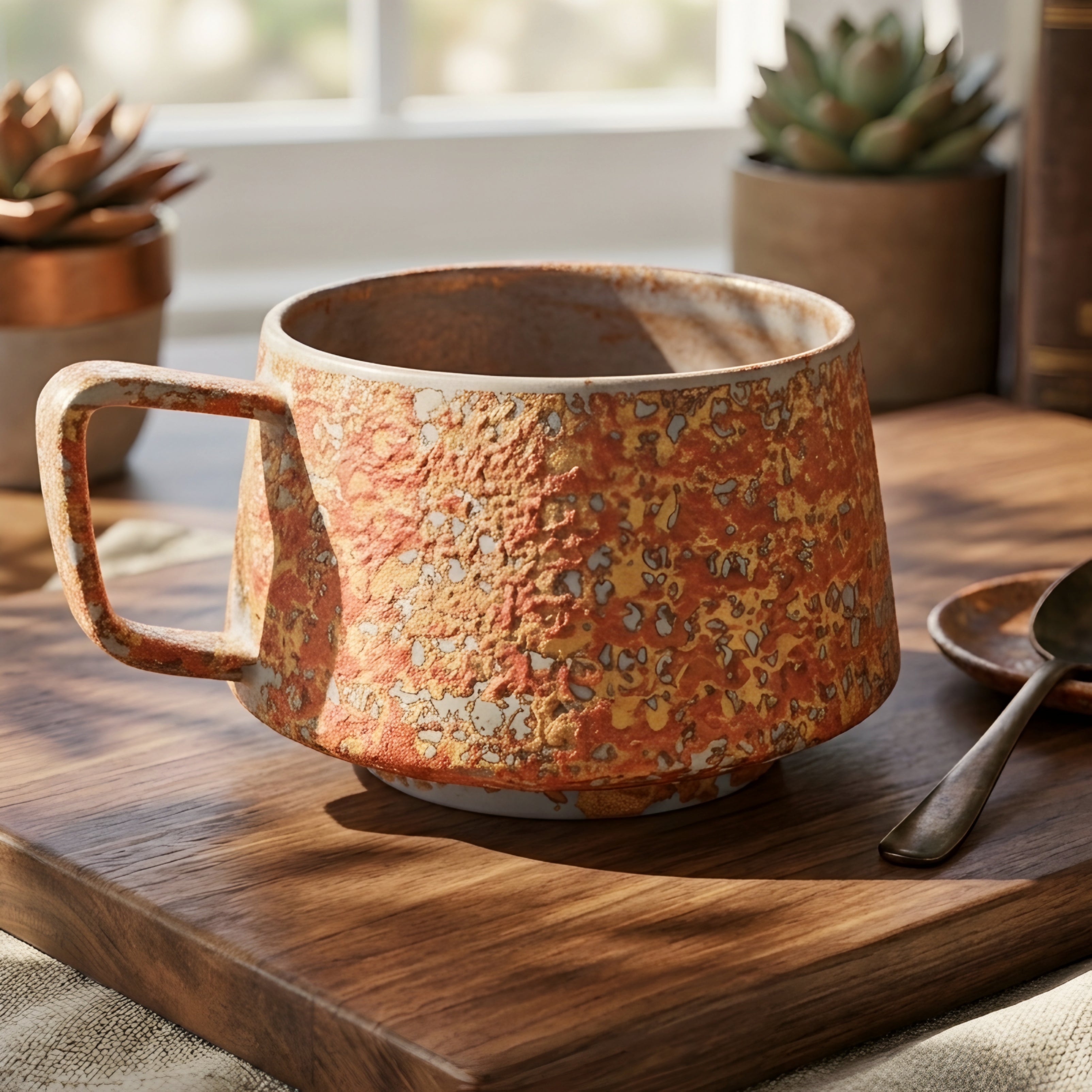 Ferrus Patina Coffee Mug – Handcrafted Ceramic Mug Gold Interior Wide Handle Rustic Kitchen Decor