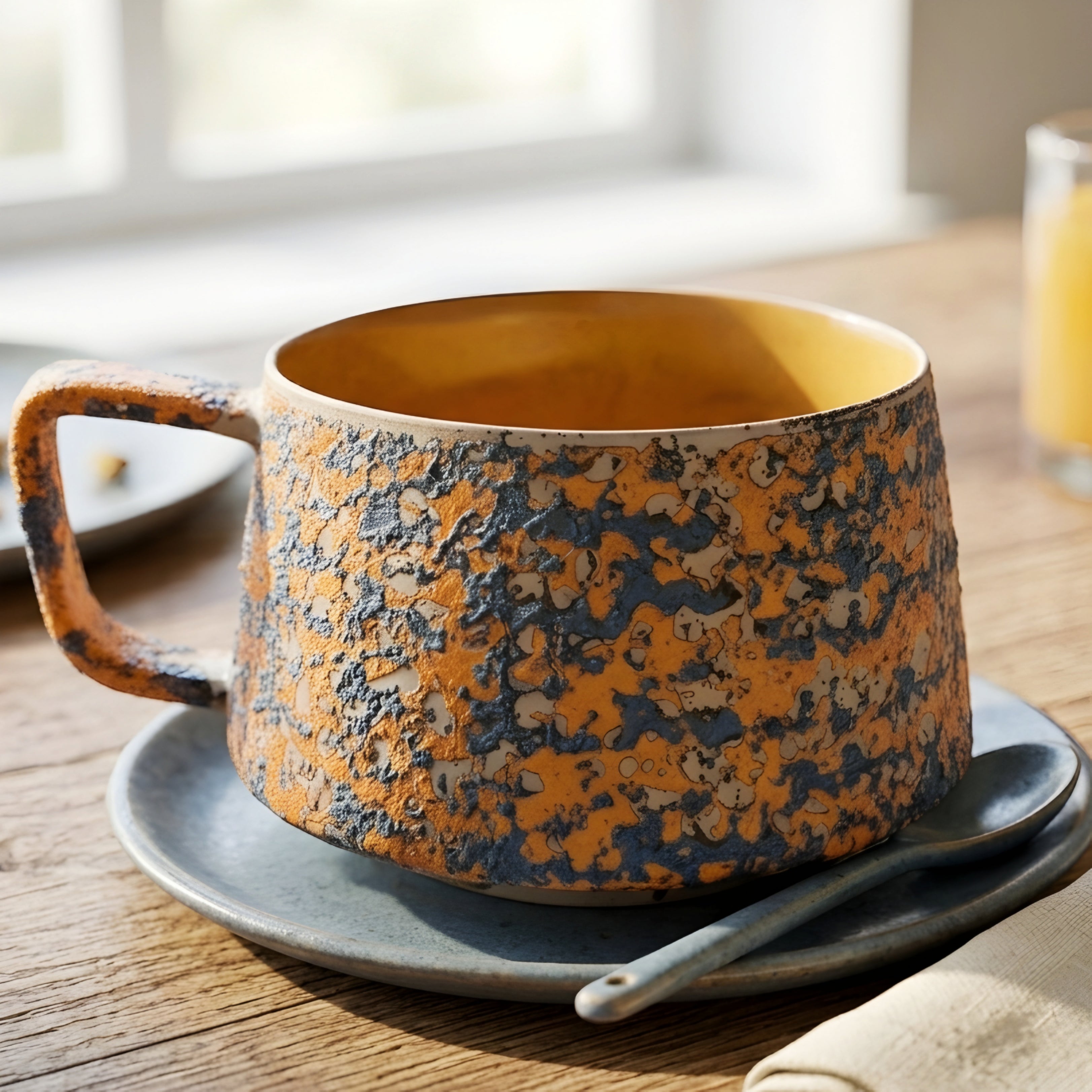 Ferrus Patina Coffee Mug – Handcrafted Ceramic Mug Gold Interior Wide Handle Rustic Kitchen Decor