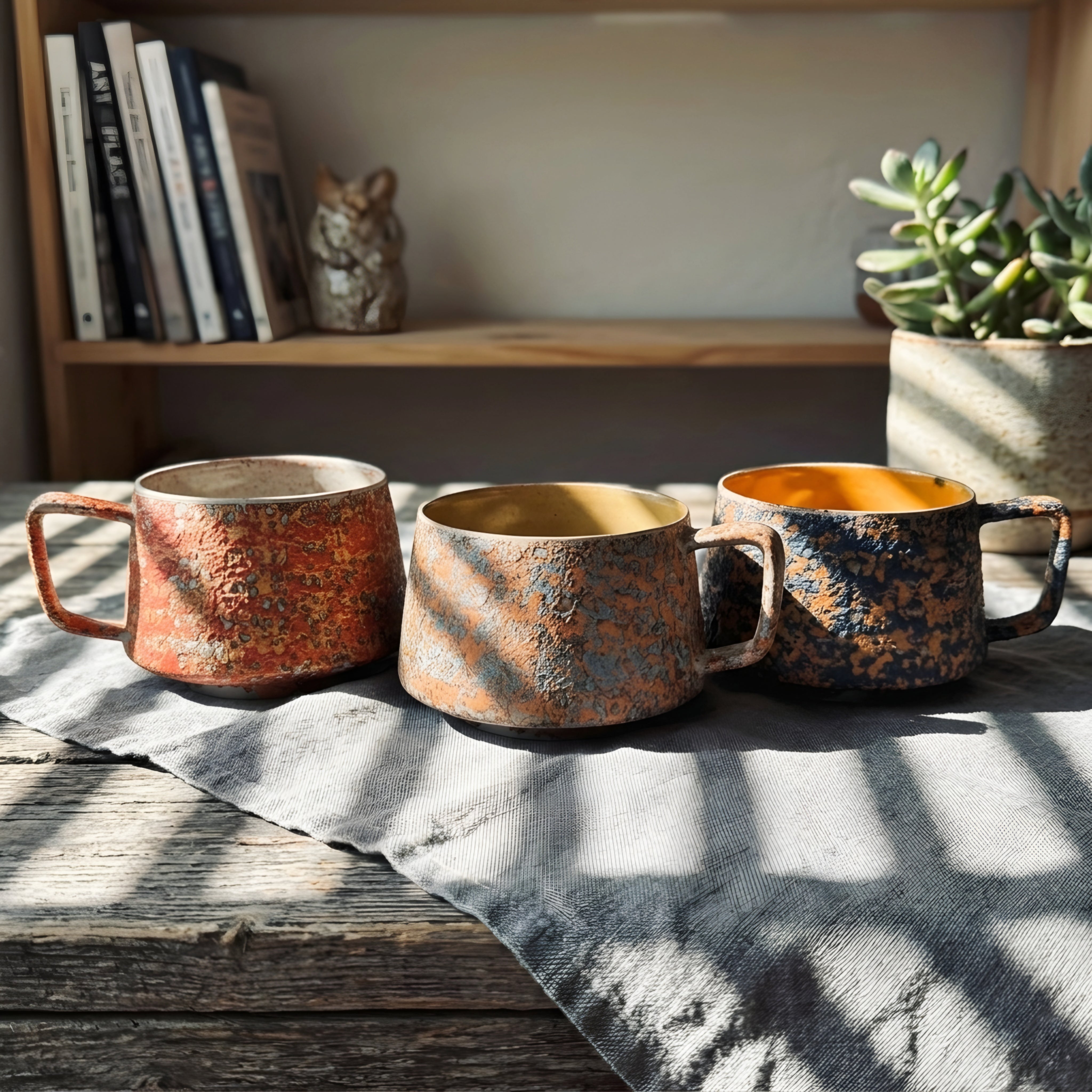 Ferrus Patina Coffee Mug – Handcrafted Ceramic Mug Gold Interior Wide Handle Rustic Kitchen Decor