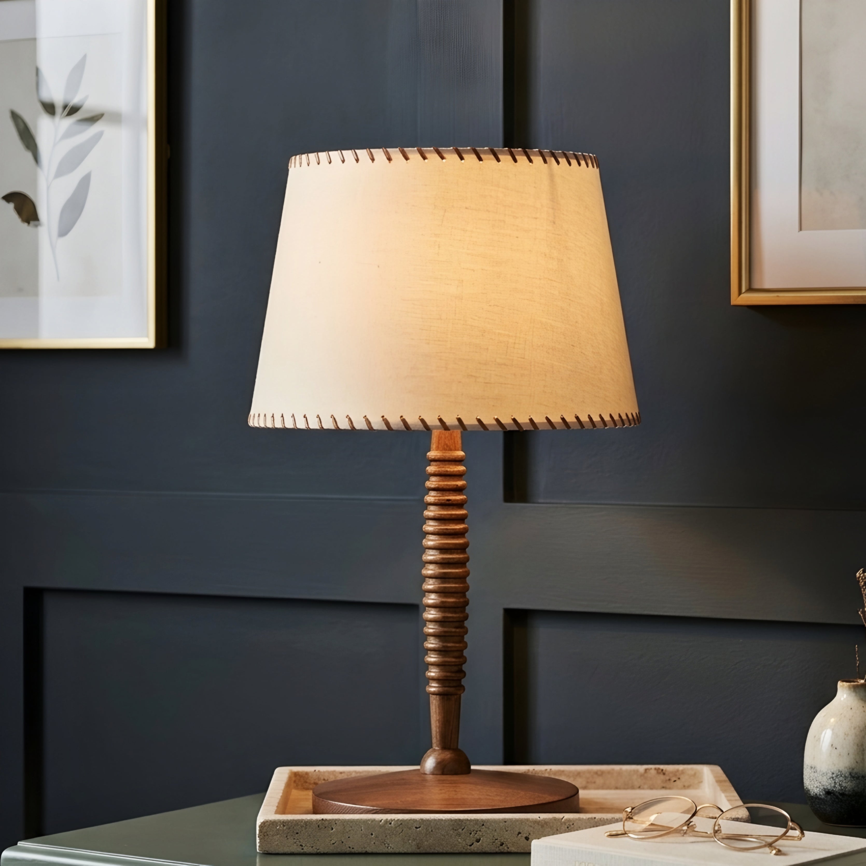 Rondley Table Lamp – Wooden Turned Base Fabric Shade Hand Stitched Bedside Living Room Decorative Lighting