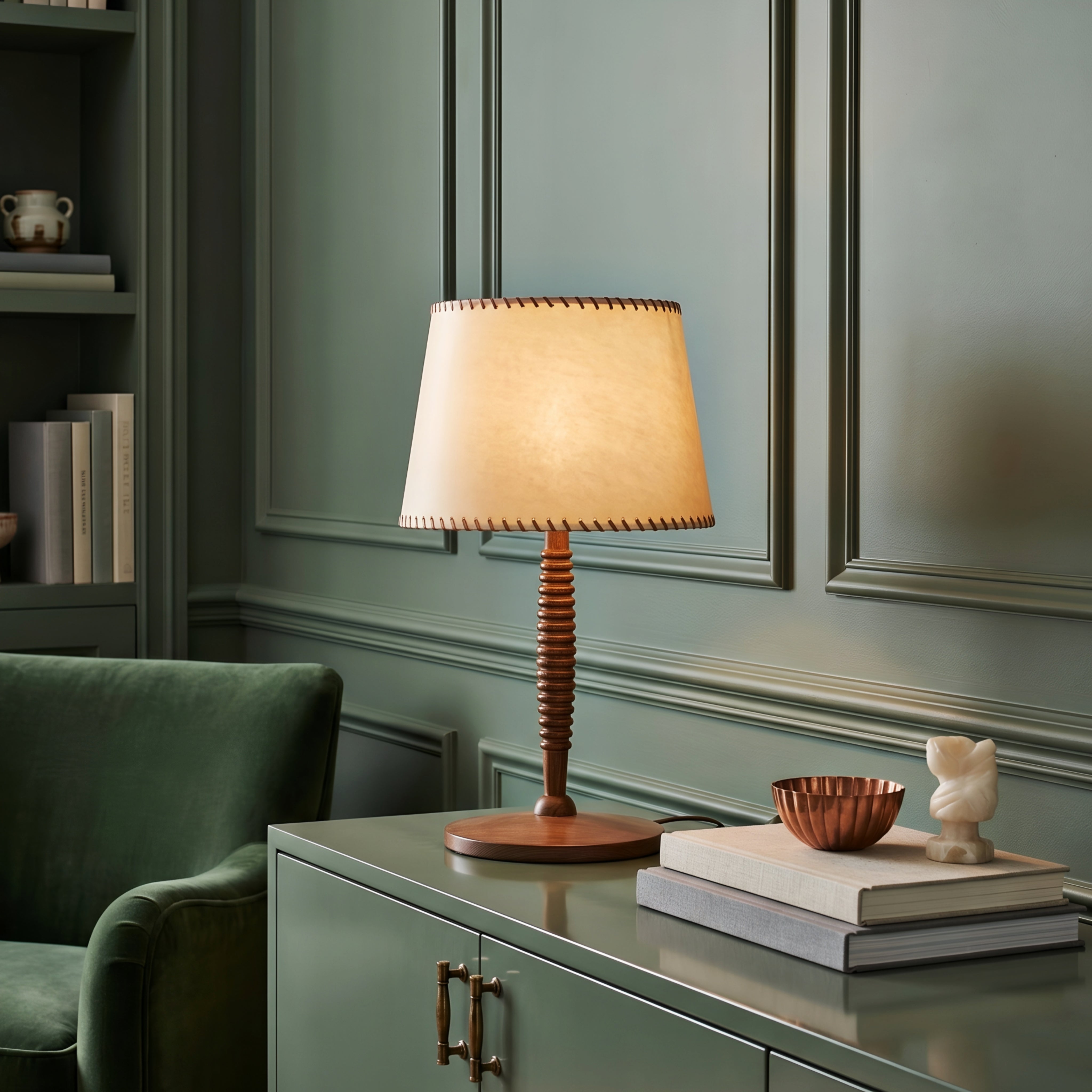 Rondley Table Lamp – Wooden Turned Base Fabric Shade Hand Stitched Bedside Living Room Decorative Lighting