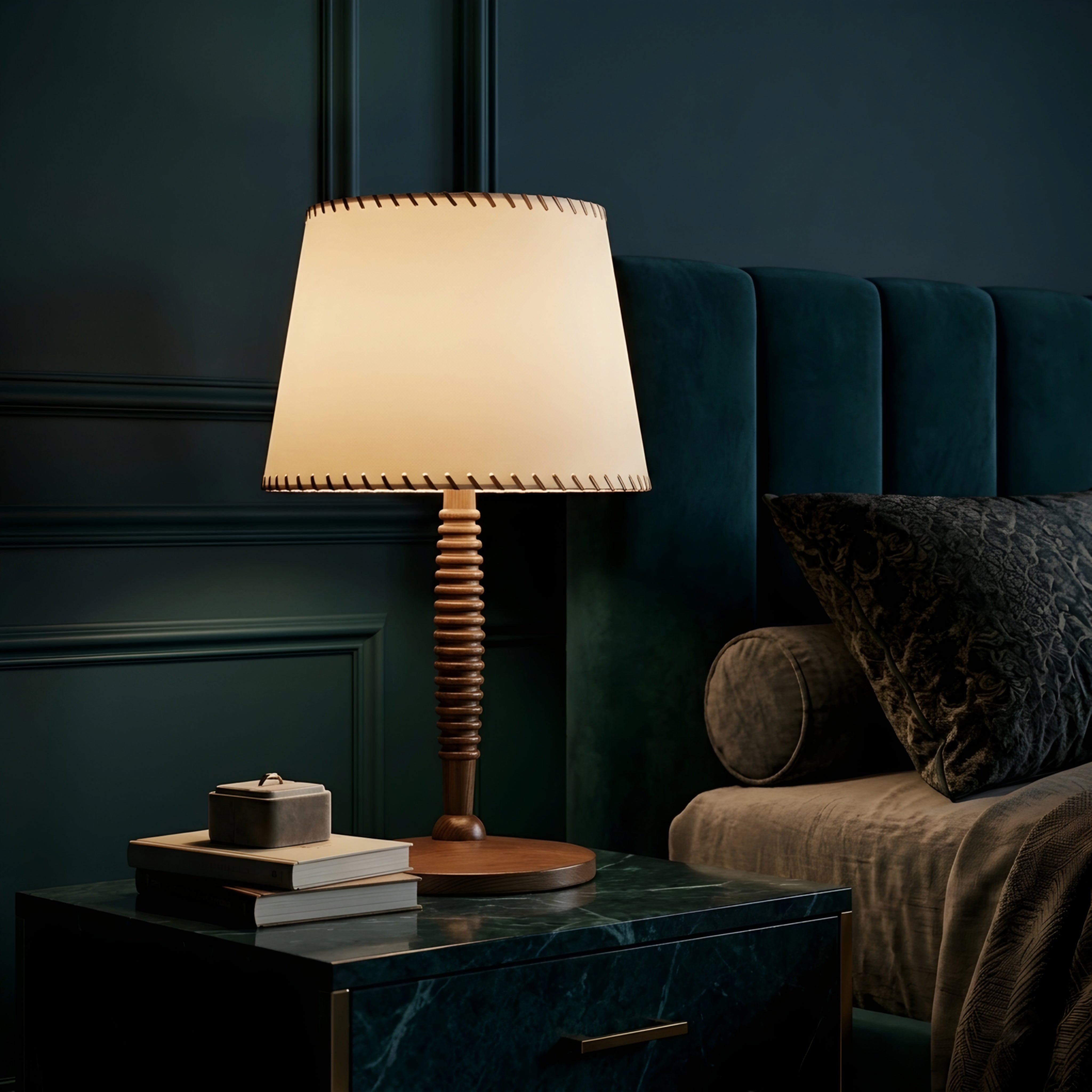 Rondley Table Lamp – Wooden Turned Base Fabric Shade Hand Stitched Bedside Living Room Decorative Lighting